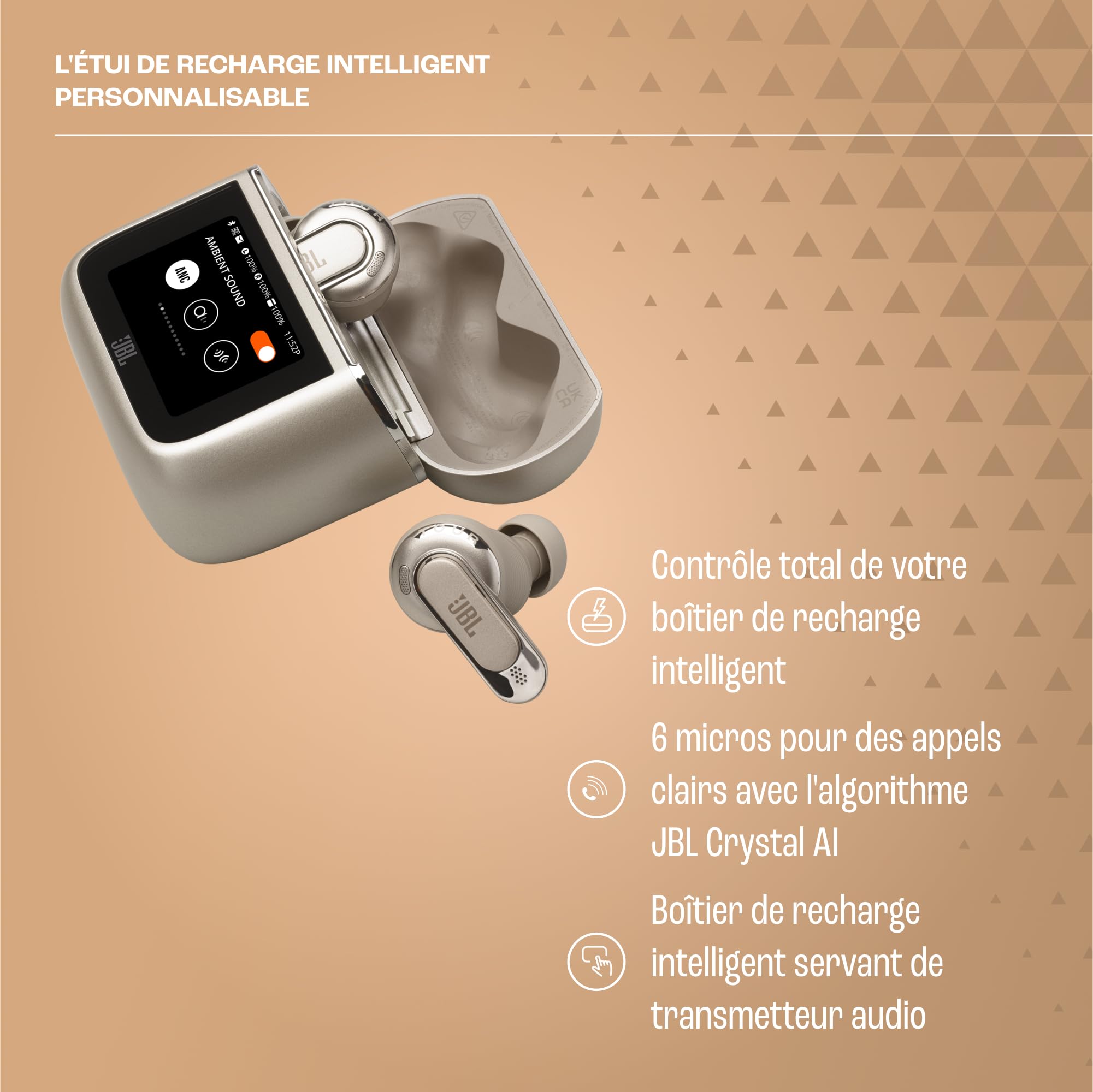 JBL Tour Pro 3, Écouteurs sans Fil, étui Intelligent de Recharge, 40h d'autonomie, avec Réduction de Bruit Adaptative, Bluetooth, Son Spatial 360, Marron