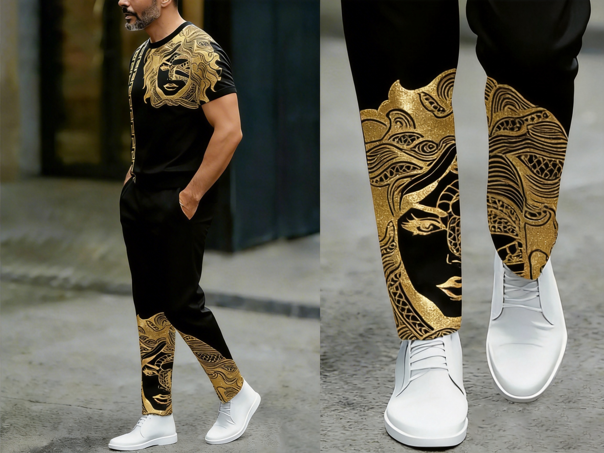 Men's Black & Gold Foil Print T-Shirt & Pants Sports Set, 100% Cotton Luxury Casual 2 Piece Outfits