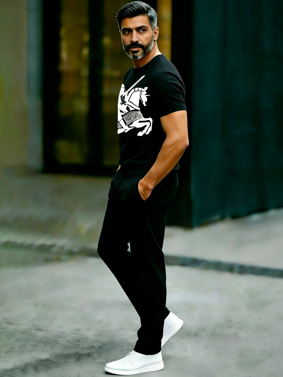 British Retro Print Cotton Set – Crew Neck T-Shirt & Long Pants Streetwear Outfit