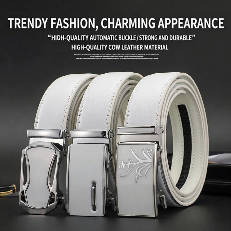 Men's White Leather Belt with Automatic Buckle — Business-Style Cowhide Waistband, Trendy & Versatile