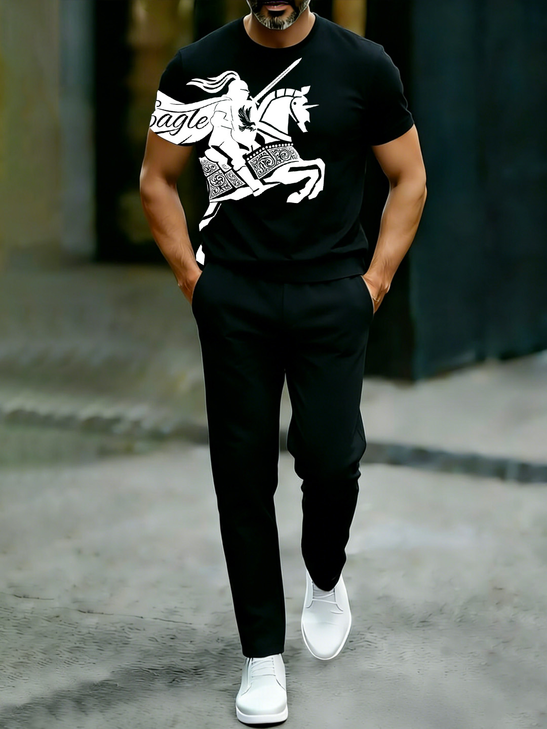 British Retro Print Cotton Set – Crew Neck T-Shirt & Long Pants Streetwear Outfit