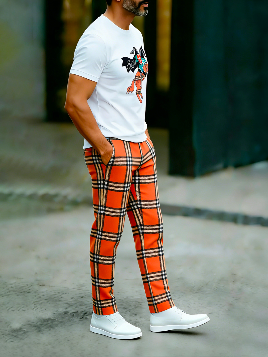 British Retro Print Cotton Set – Crew Neck T-Shirt & Long Pants Streetwear Outfit