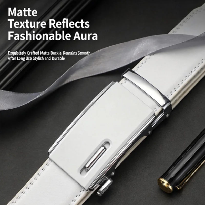 Men's White Leather Belt with Automatic Buckle — Business-Style Cowhide Waistband, Trendy & Versatile