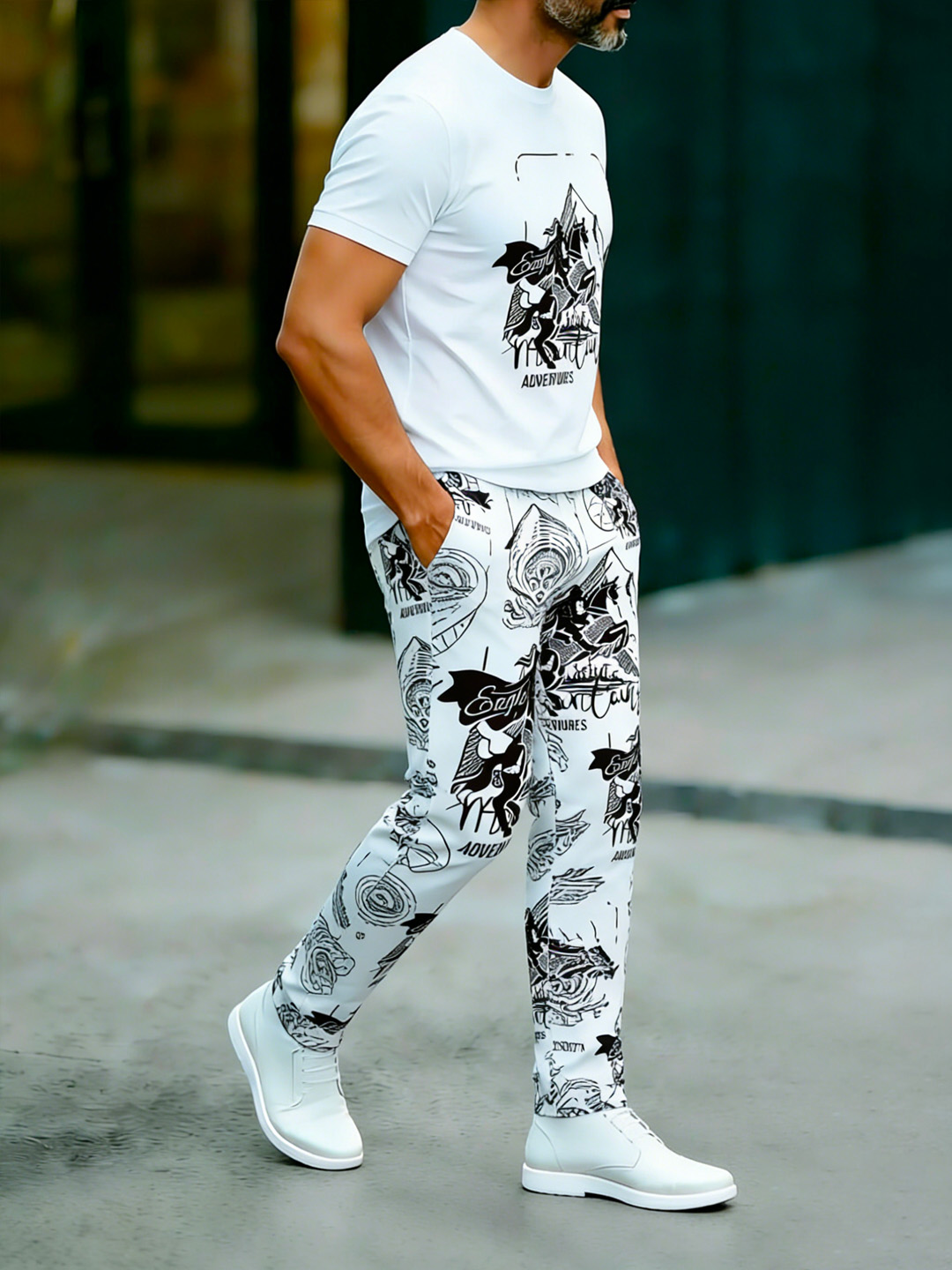 British Retro Print Cotton Set – Crew Neck T-Shirt & Long Pants Streetwear Outfit