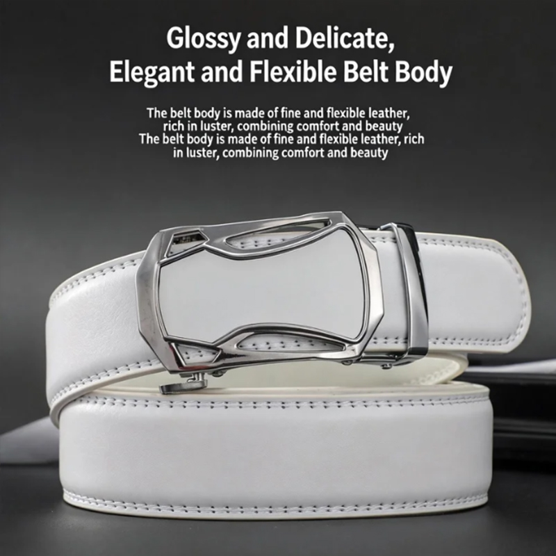 Men's White Leather Belt with Automatic Buckle — Business-Style Cowhide Waistband, Trendy & Versatile