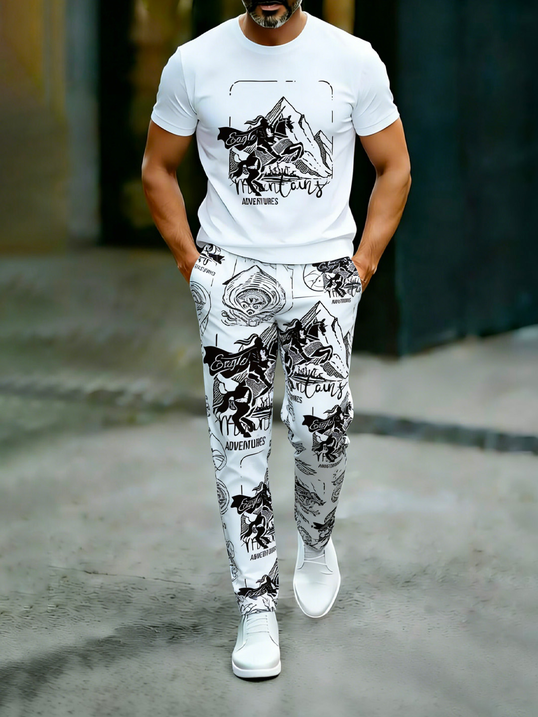 British Retro Print Cotton Set – Crew Neck T-Shirt & Long Pants Streetwear Outfit
