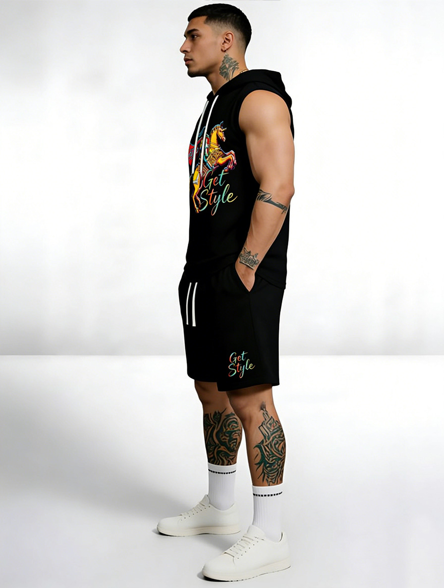 Printed Sleeveless Hoodie Set – Cotton Blend Hoodie Tank & Shorts Two-Piece Summer Outfit