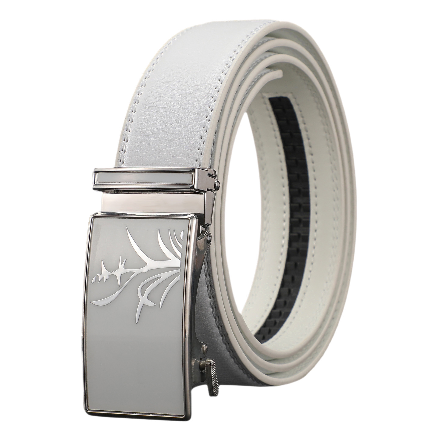 Men's White Leather Belt with Automatic Buckle — Business-Style Cowhide Waistband, Trendy & Versatile