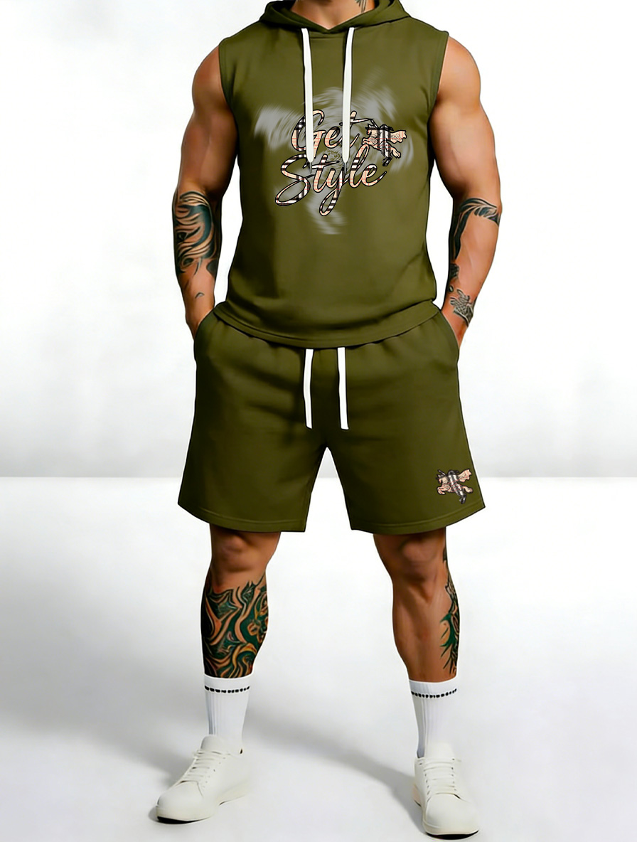 Printed Sleeveless Hoodie Set – Cotton Blend Hoodie Tank & Shorts Two-Piece Summer Outfit