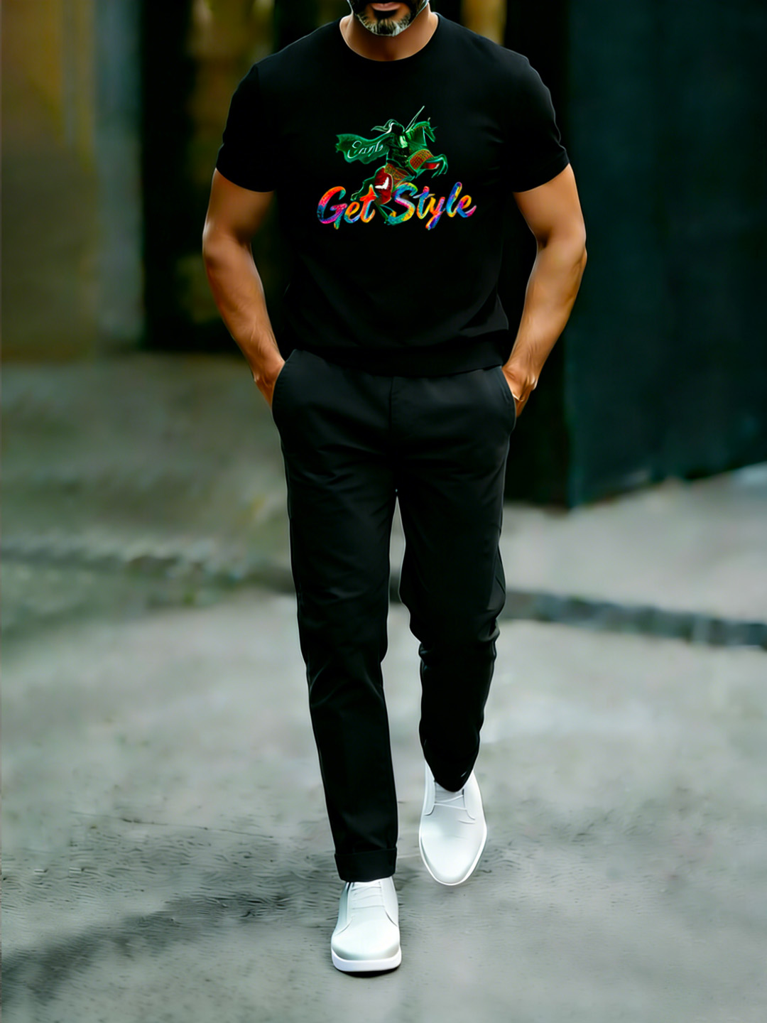 British Retro Print Cotton Set – Crew Neck T-Shirt & Long Pants Streetwear Outfit