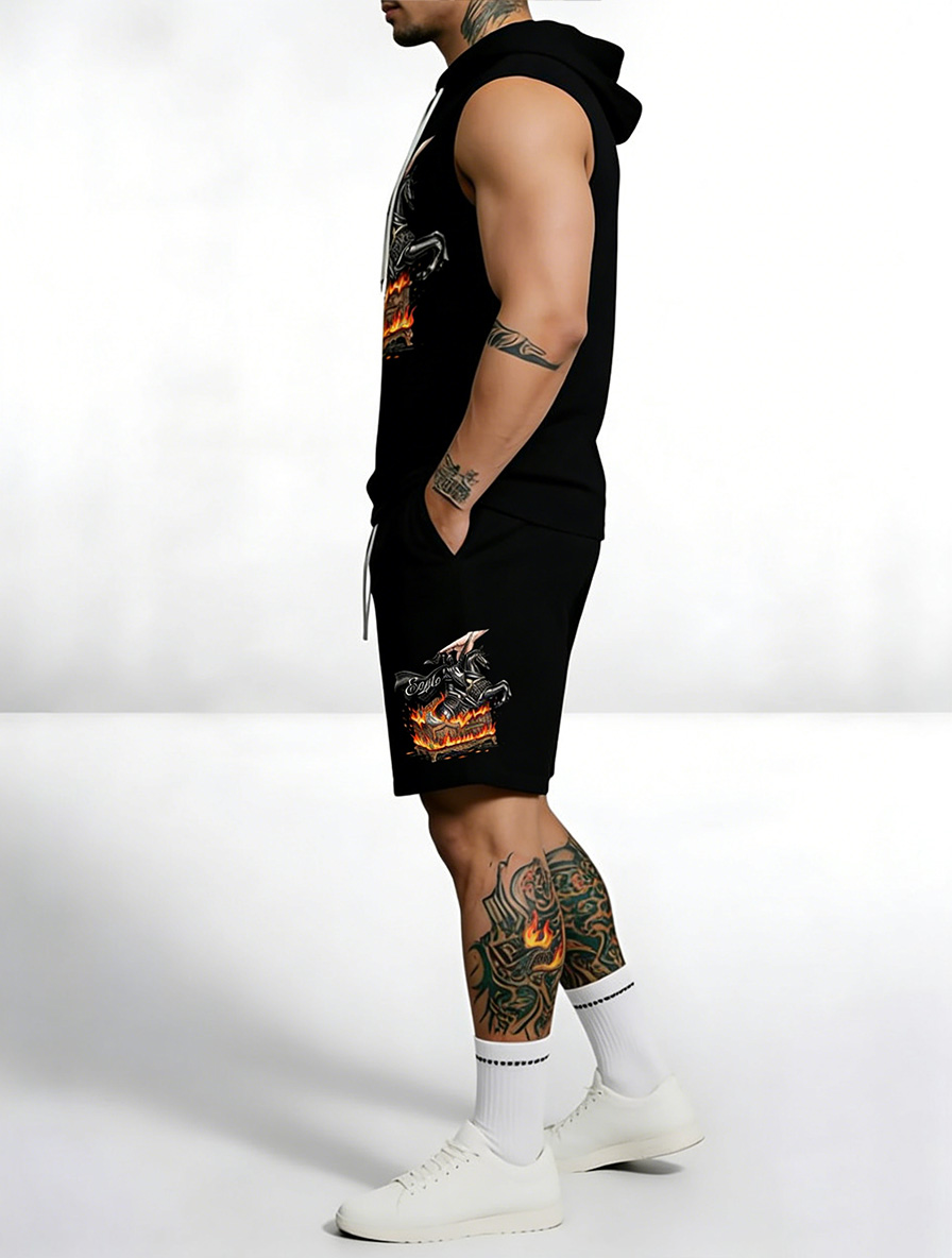 Printed Sleeveless Hoodie Set – Cotton Blend Hoodie Tank & Shorts Two-Piece Summer Outfit