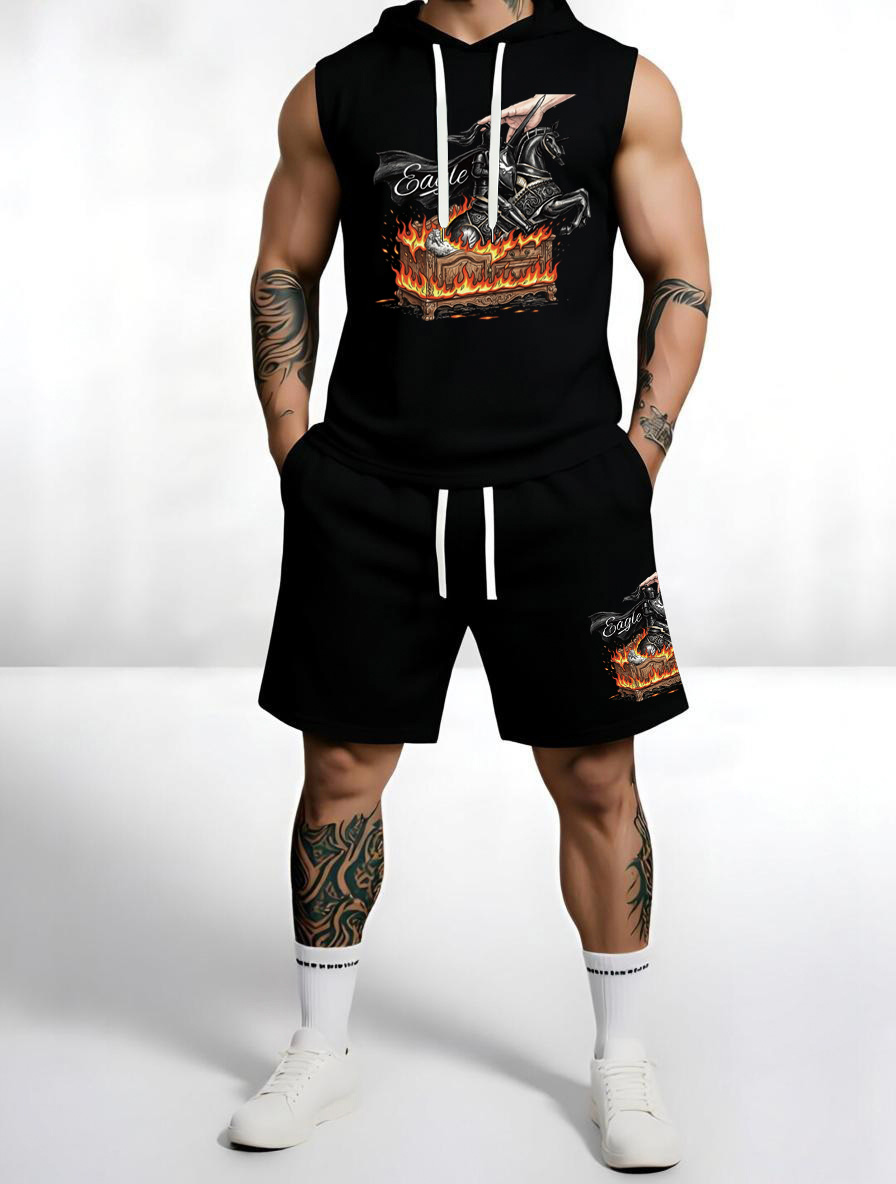 Printed Sleeveless Hoodie Set – Cotton Blend Hoodie Tank & Shorts Two-Piece Summer Outfit