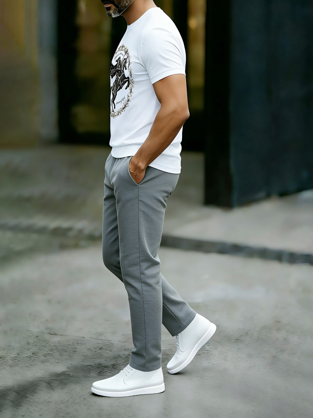 British Retro Print Cotton Set – Crew Neck T-Shirt & Long Pants Streetwear Outfit