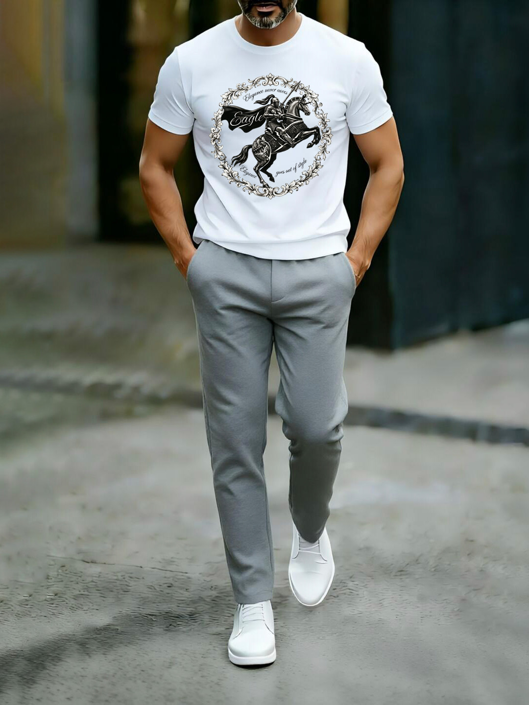 British Retro Print Cotton Set – Crew Neck T-Shirt & Long Pants Streetwear Outfit