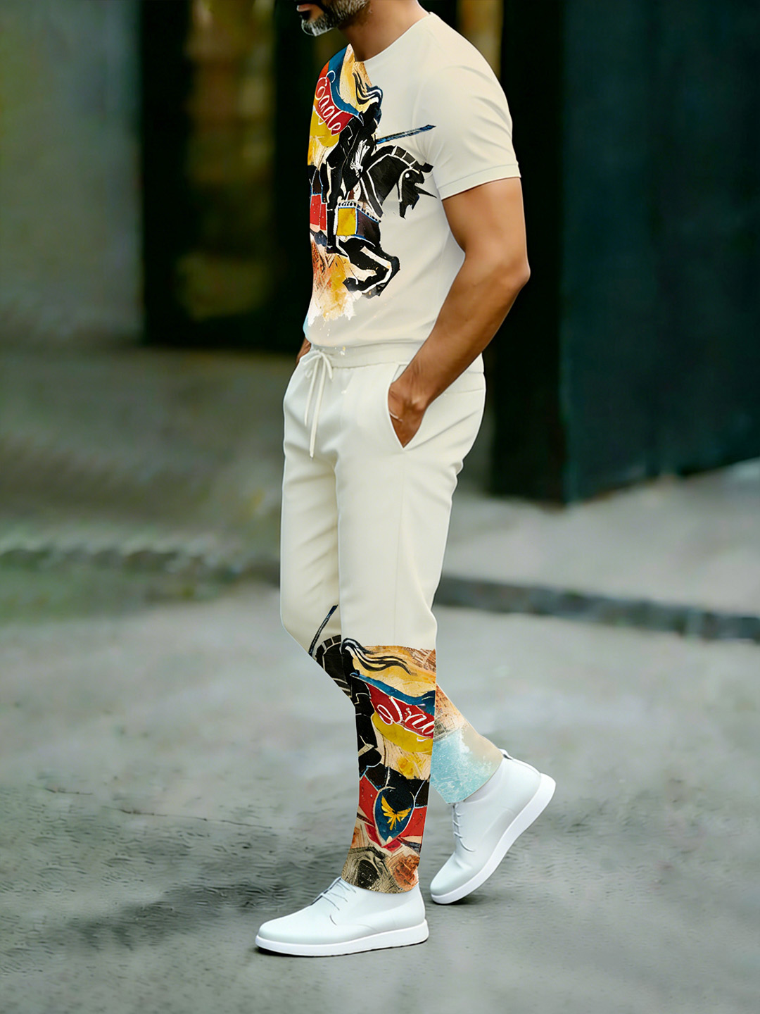 British Retro Print Cotton Set – Crew Neck T-Shirt & Long Pants Streetwear Outfit