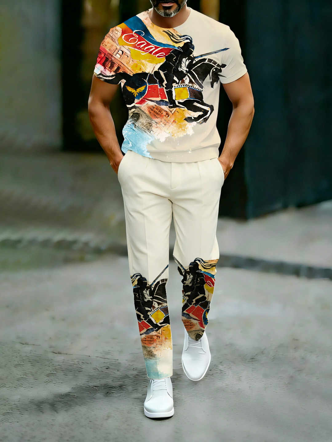 British Retro Print Cotton Set – Crew Neck T-Shirt & Long Pants Streetwear Outfit