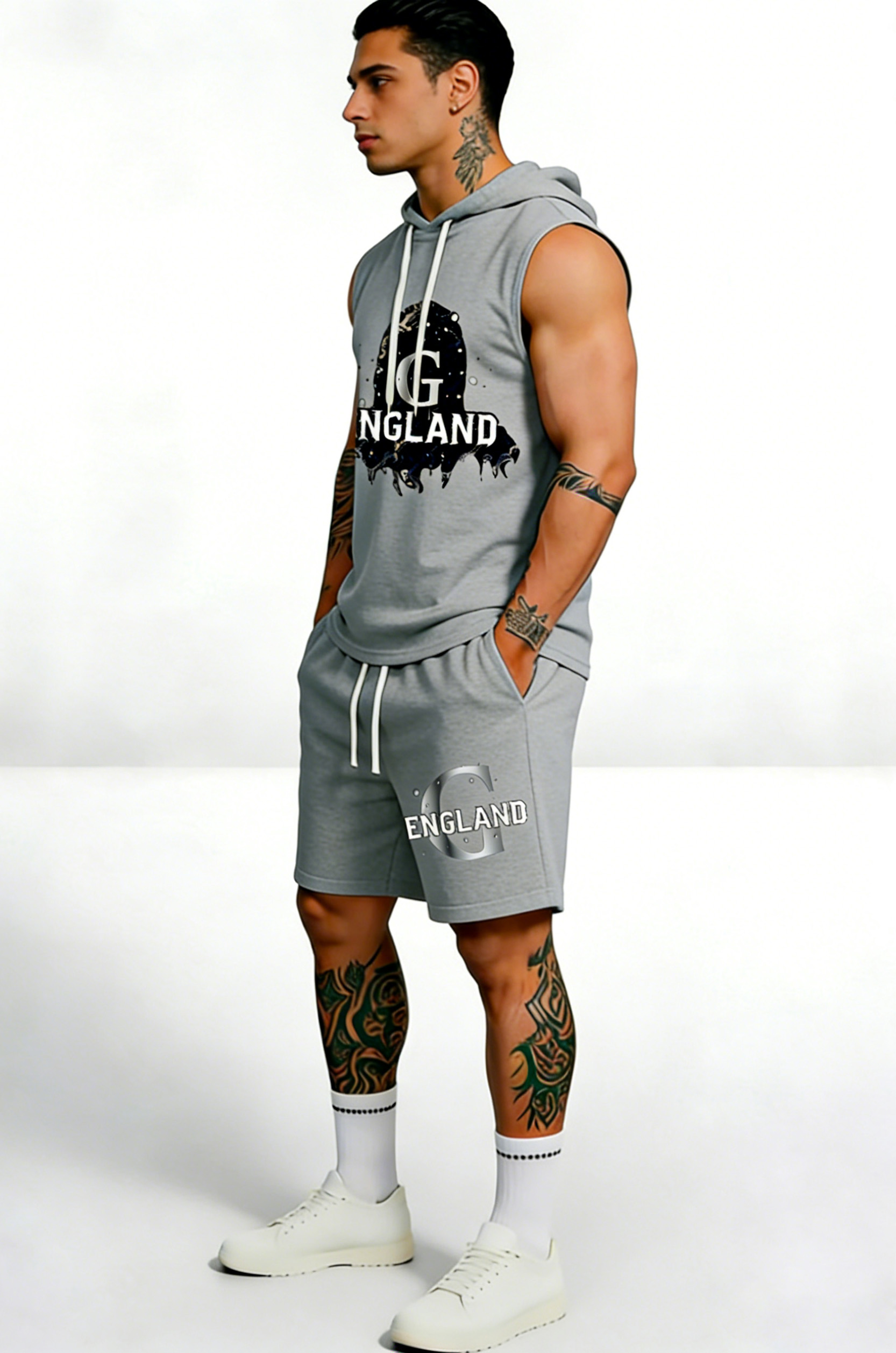 Printed Sleeveless Hoodie Set – Cotton Blend Hoodie Tank & Shorts Two-Piece Summer Outfit