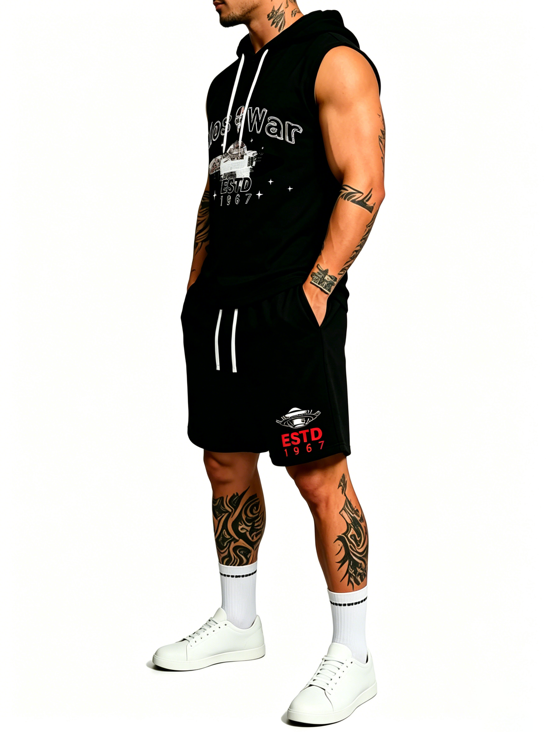 Sleeveless Hoodie & Shorts Set Luxury Brand Inspired Print Breathable Lightweight 2-Piece Outfit S-5XL