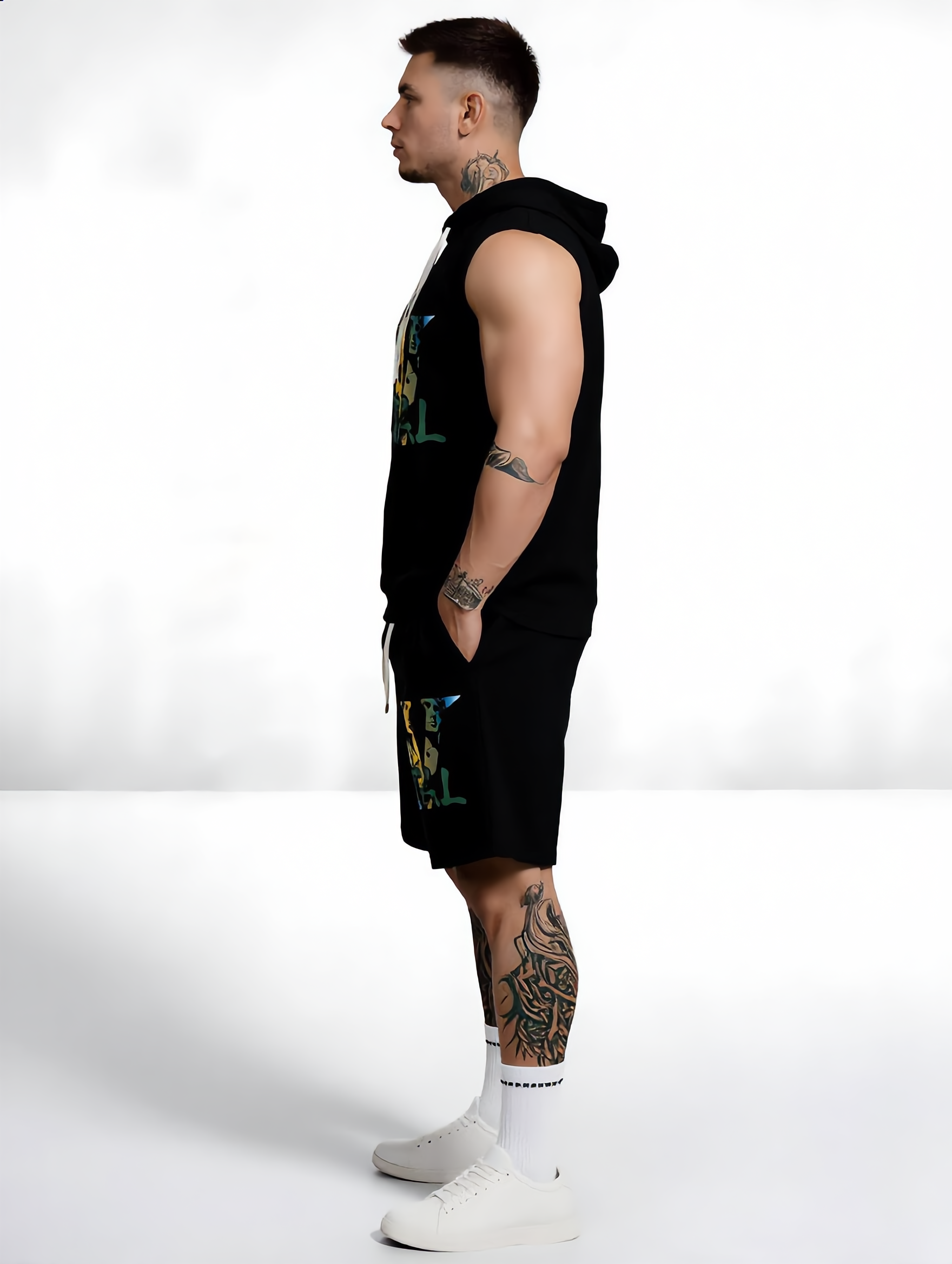 Sleeveless Hoodie & Shorts Set Luxury Brand Inspired Print Breathable Lightweight 2-Piece Outfit S-5XL