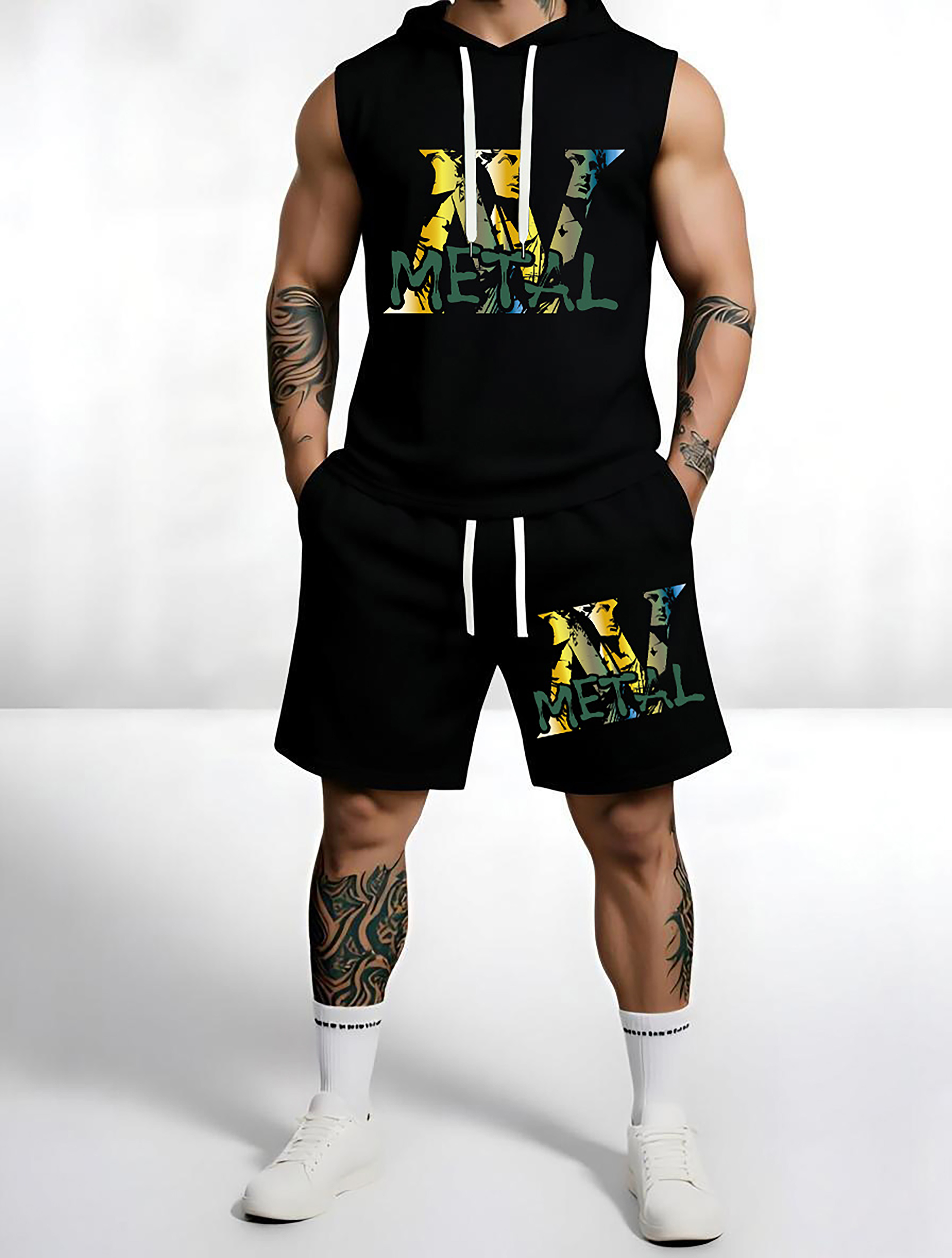 Sleeveless Hoodie & Shorts Set Luxury Brand Inspired Print Breathable Lightweight 2-Piece Outfit S-5XL