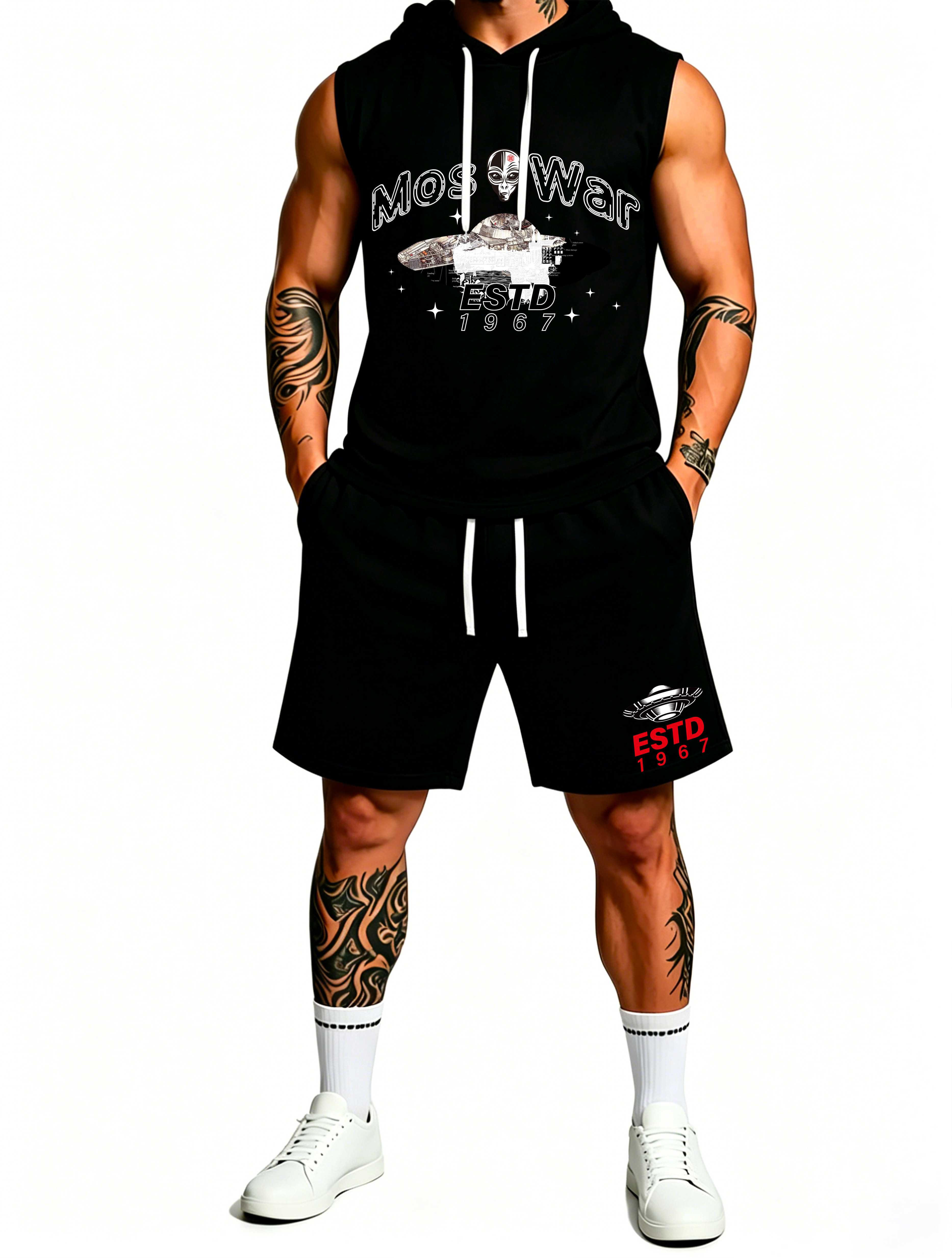 Sleeveless Hoodie & Shorts Set Luxury Brand Inspired Print Breathable Lightweight 2-Piece Outfit S-5XL