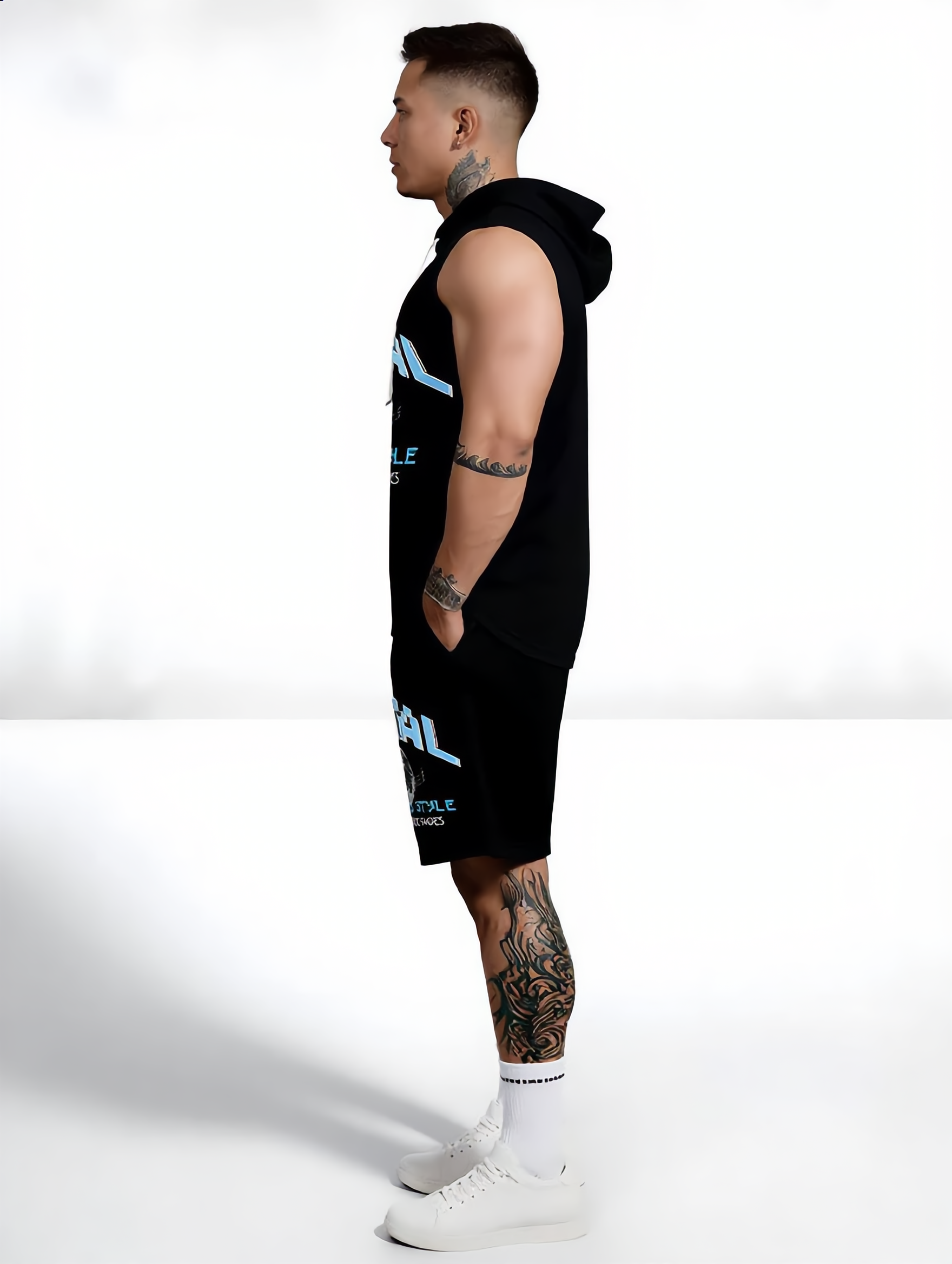 Sleeveless Hoodie & Shorts Set Luxury Brand Inspired Print Breathable Lightweight 2-Piece Outfit S-5XL