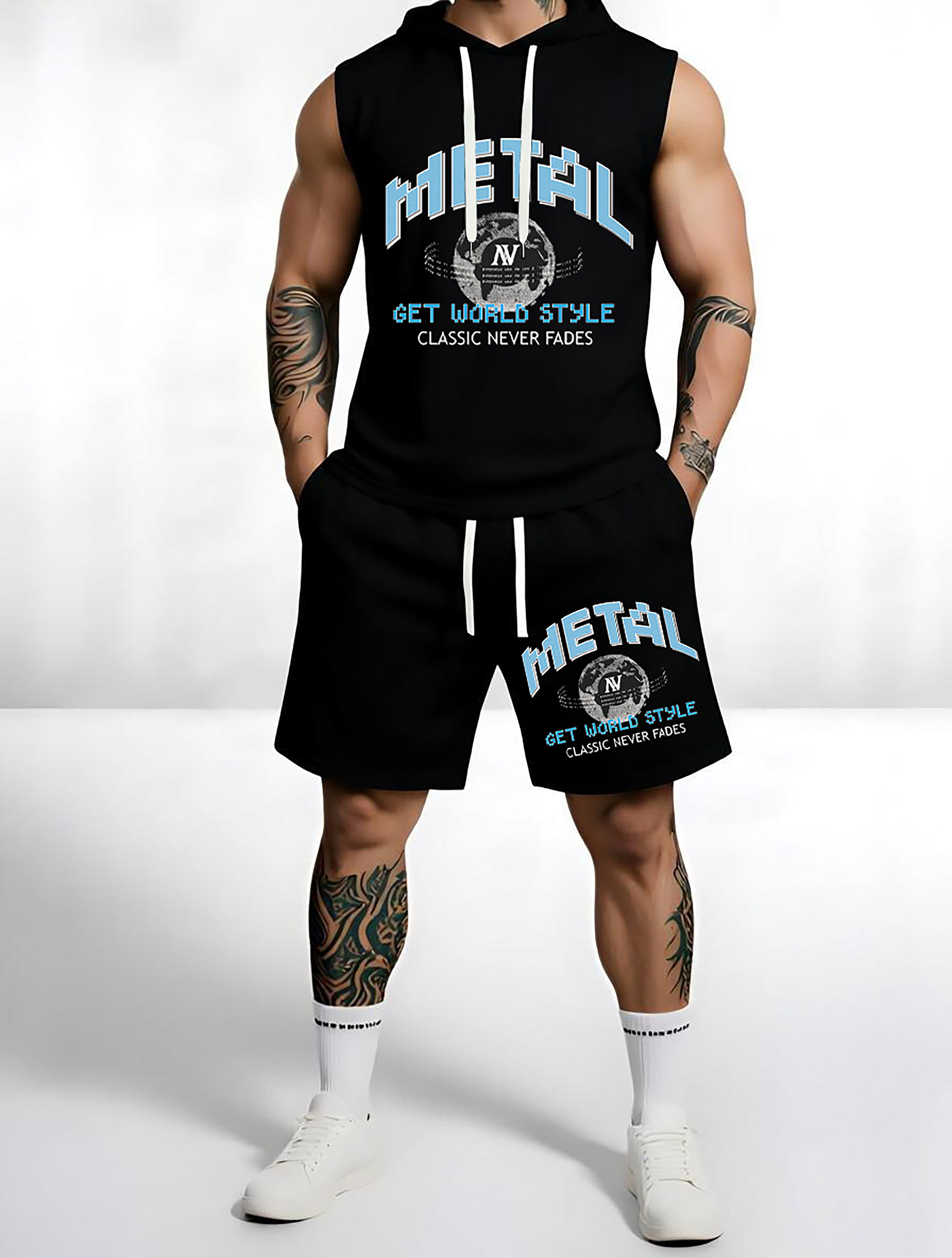 Sleeveless Hoodie & Shorts Set Luxury Brand Inspired Print Breathable Lightweight 2-Piece Outfit S-5XL