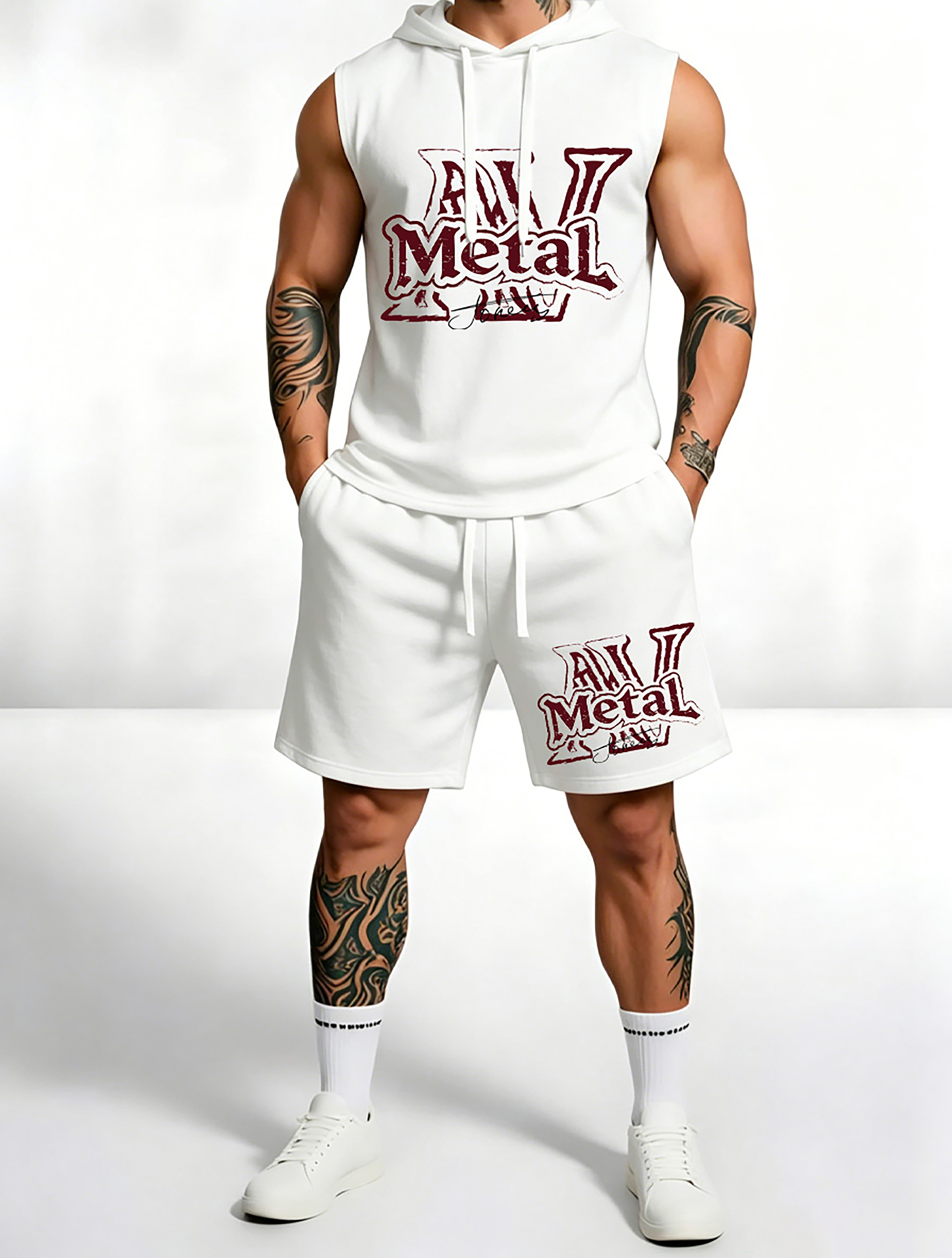 Sleeveless Hoodie & Shorts Set Luxury Brand Inspired Print Breathable Lightweight 2-Piece Outfit S-5XL