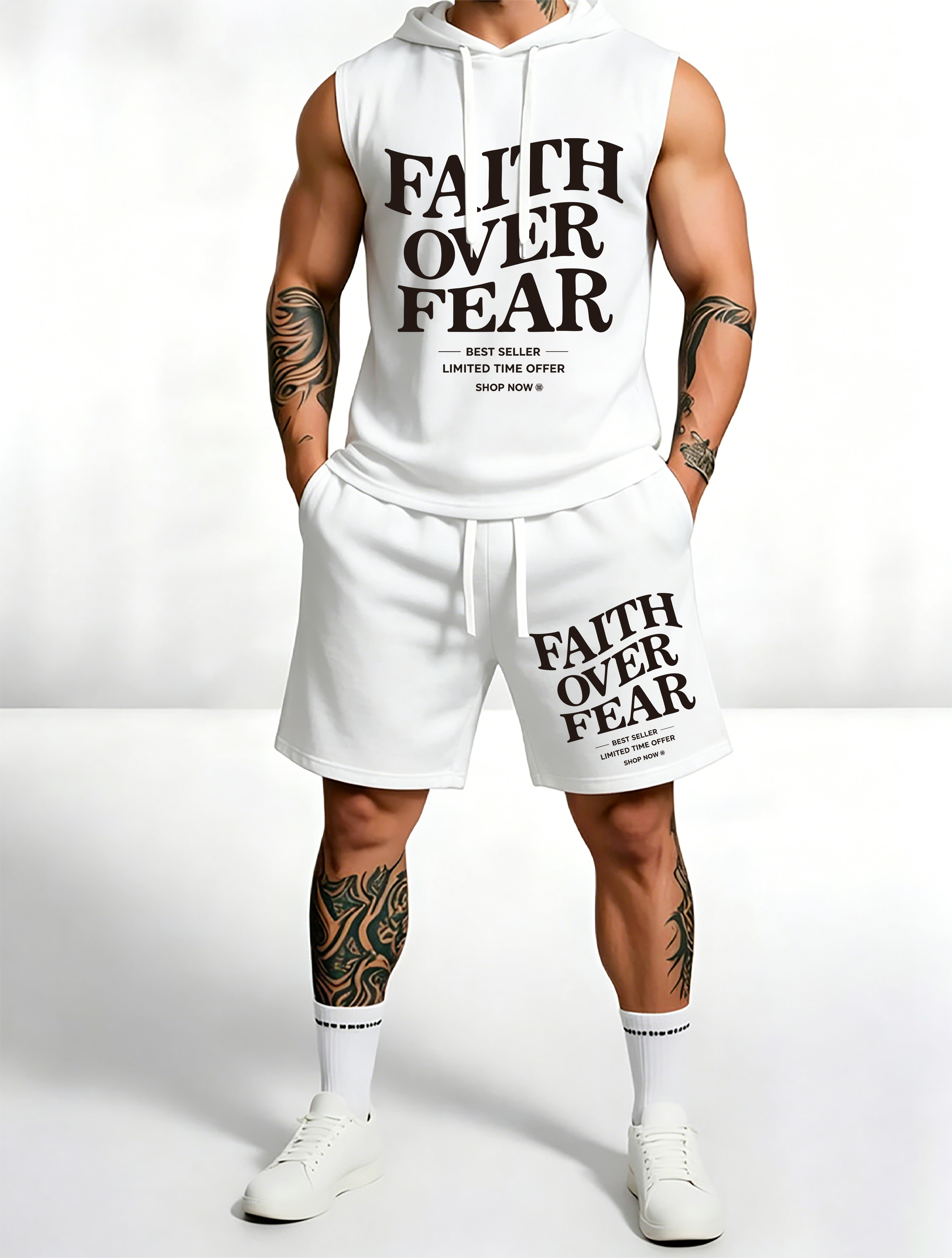 Sleeveless Hoodie & Shorts Set Luxury Brand Inspired Print Breathable Lightweight 2-Piece Outfit S-5XL