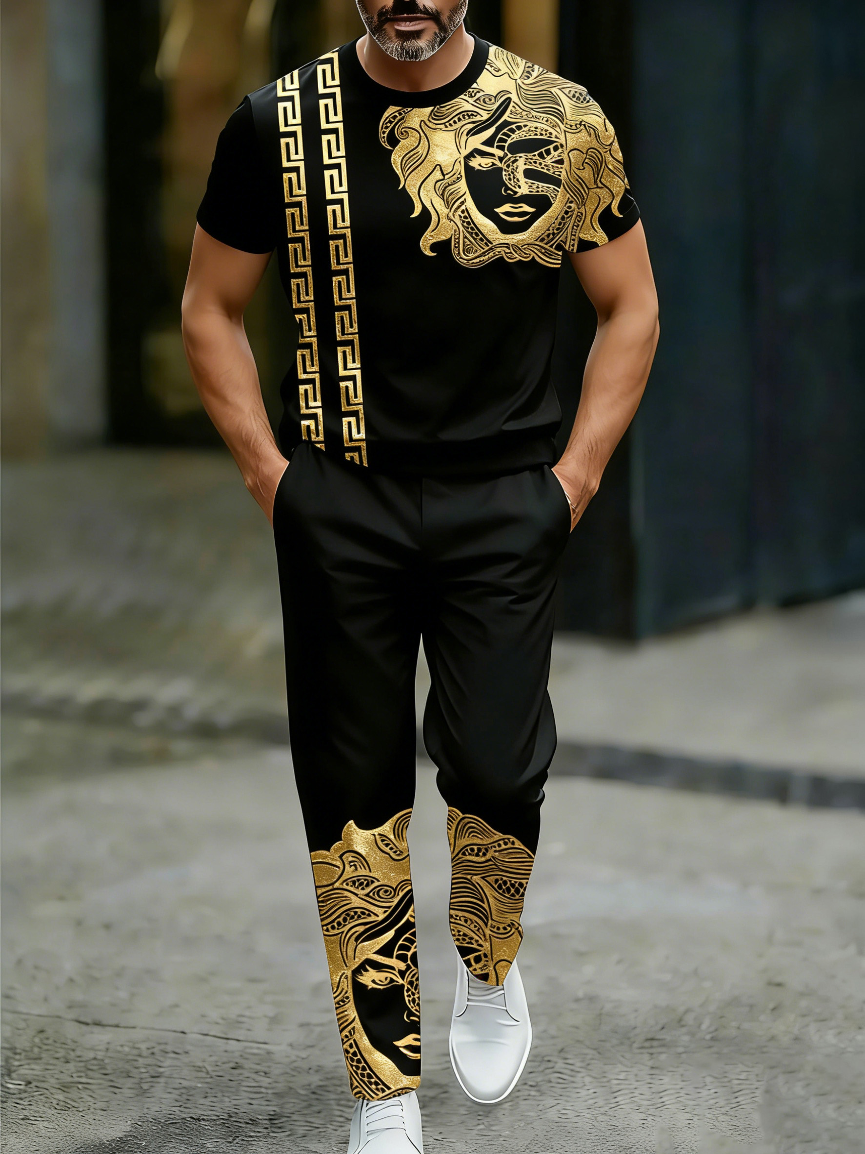 Men's Black & Gold Foil Print T-Shirt & Pants Sports Set, 100% Cotton Luxury Casual 2 Piece Outfits