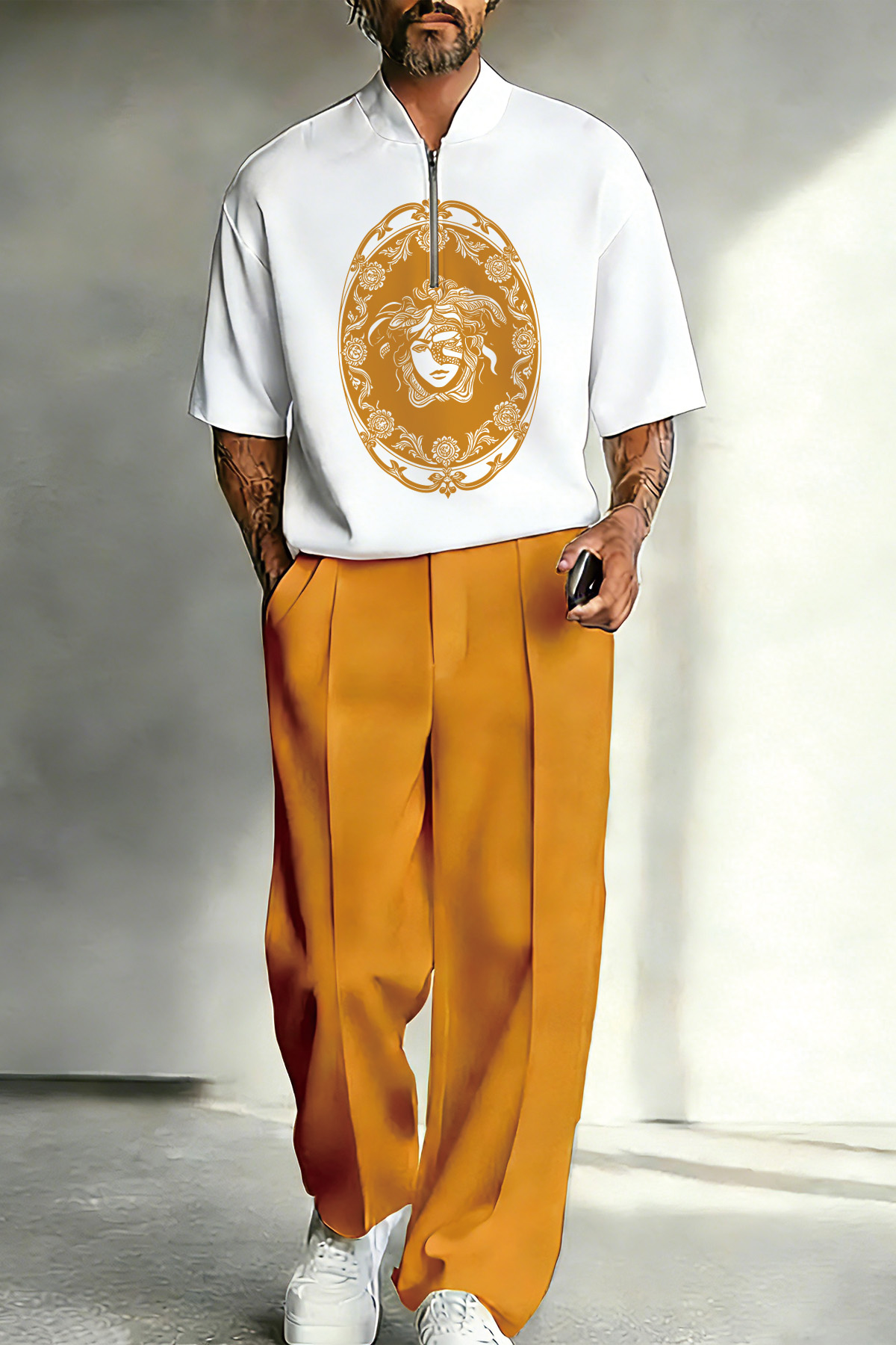 Men's Half-Zip Stand Collar T-Shirt & Wide Leg Pants Set, 100% Cotton Luxury Casual 2 Piece Outfits