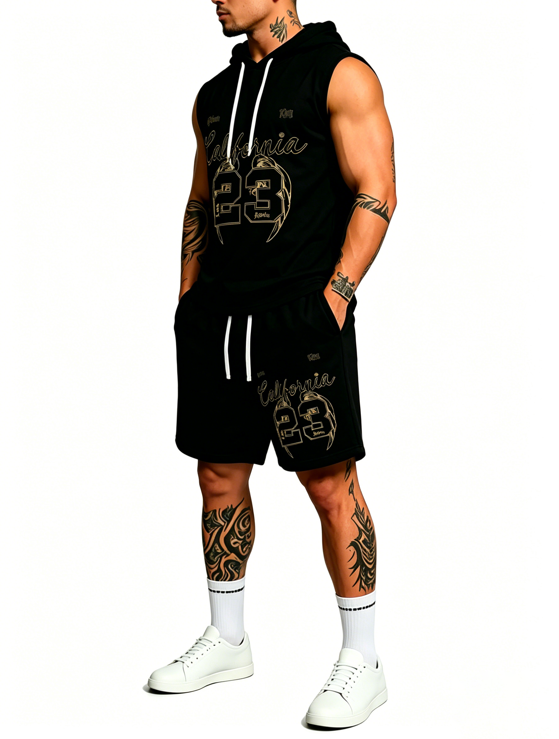 Sleeveless Hoodie & Shorts Set Luxury Brand Inspired Print Breathable Lightweight 2-Piece Outfit S-5XL