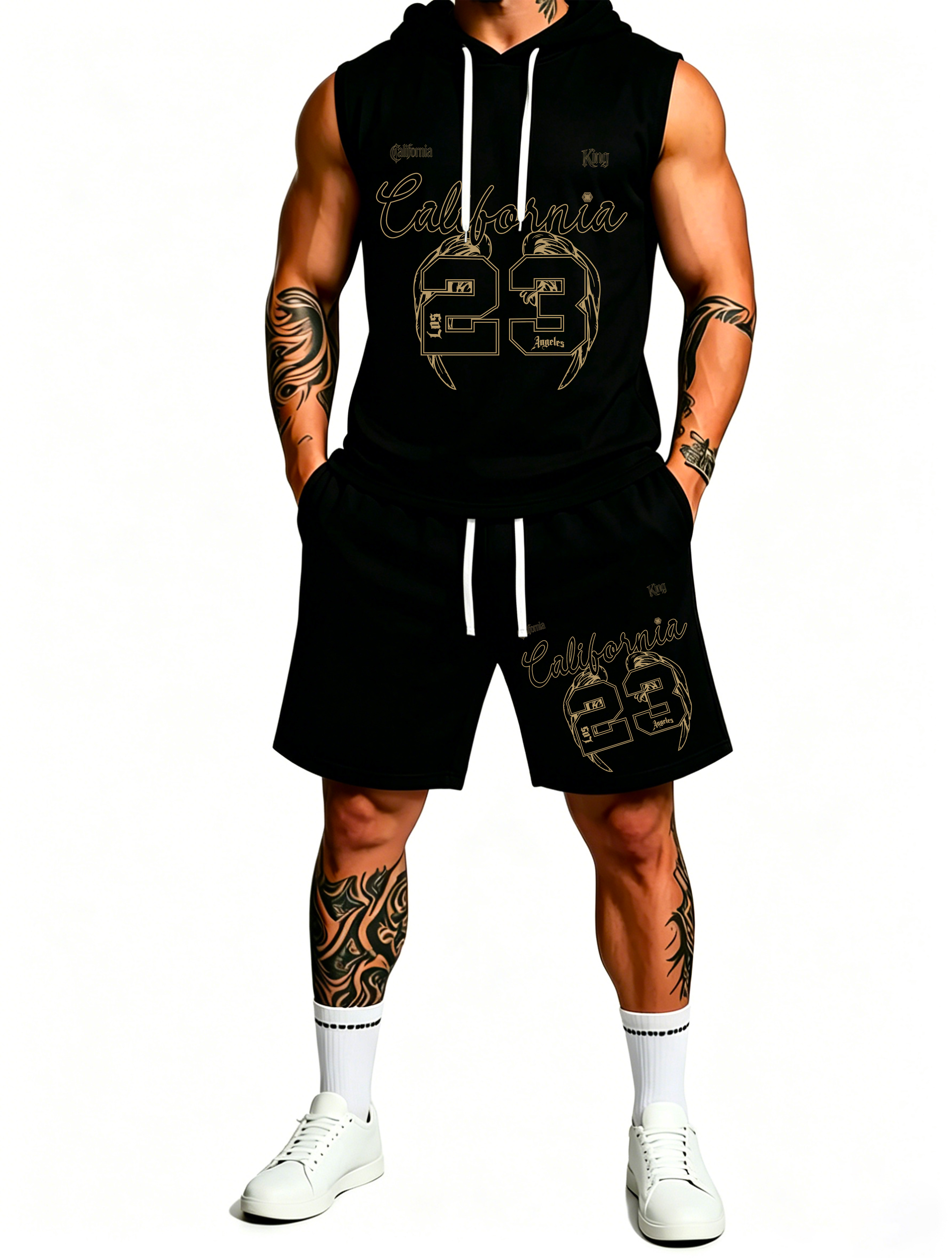 Sleeveless Hoodie & Shorts Set Luxury Brand Inspired Print Breathable Lightweight 2-Piece Outfit S-5XL