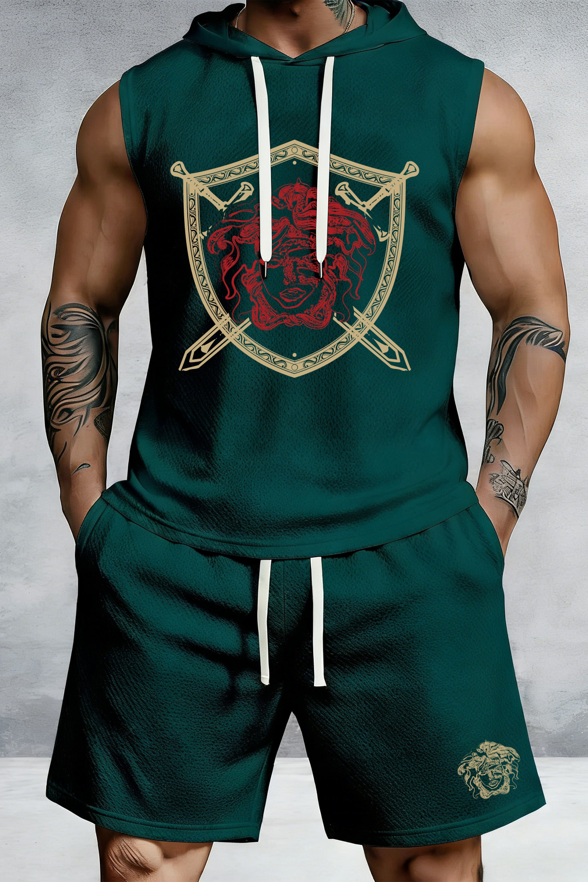 Men's Sleeveless Hoodie & Shorts Sports Set, Cotton Blend Casual Gym 2 Piece Outfits