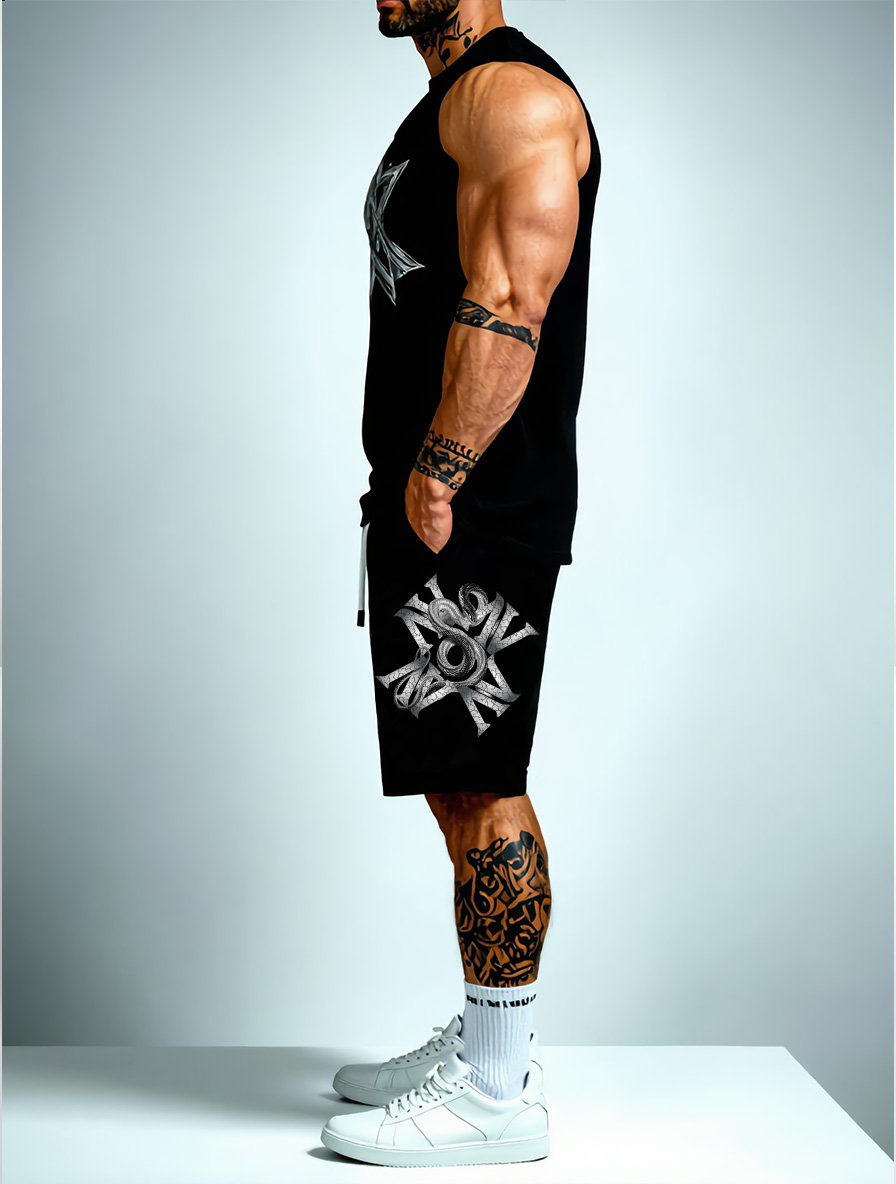 Sleeveless Hoodie & Shorts Set Luxury Brand Inspired Print Breathable Lightweight 2-Piece Outfit S-5XL