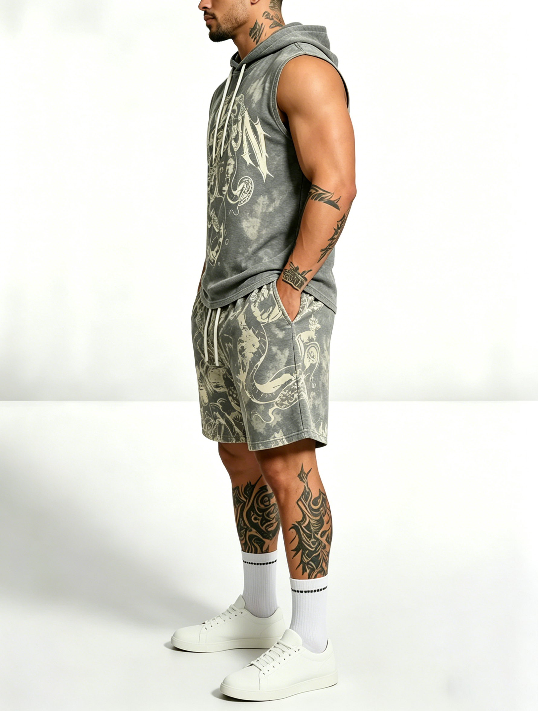 Sleeveless Hoodie & Shorts Set Luxury Brand Inspired Print Breathable Lightweight 2-Piece Outfit S-5XL