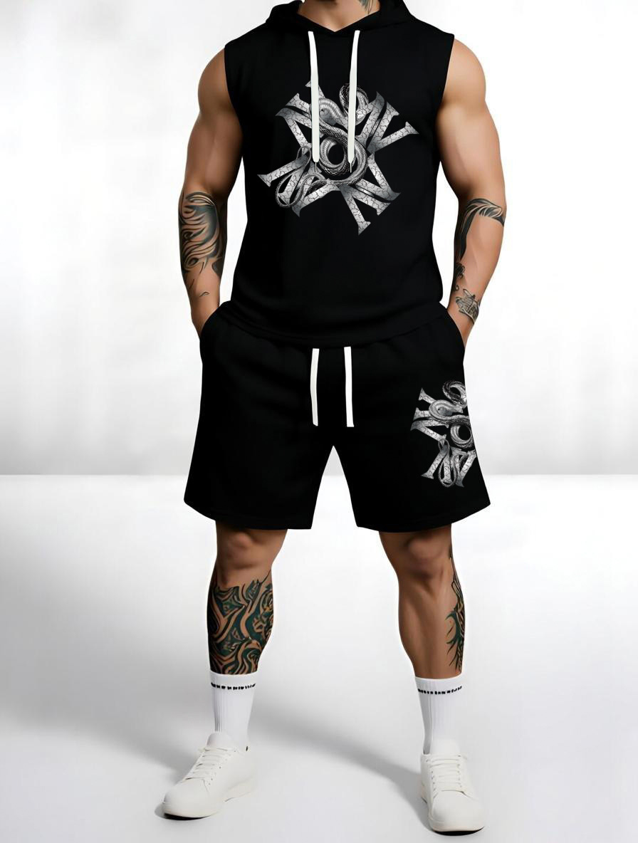 Sleeveless Hoodie & Shorts Set Luxury Brand Inspired Print Breathable Lightweight 2-Piece Outfit S-5XL