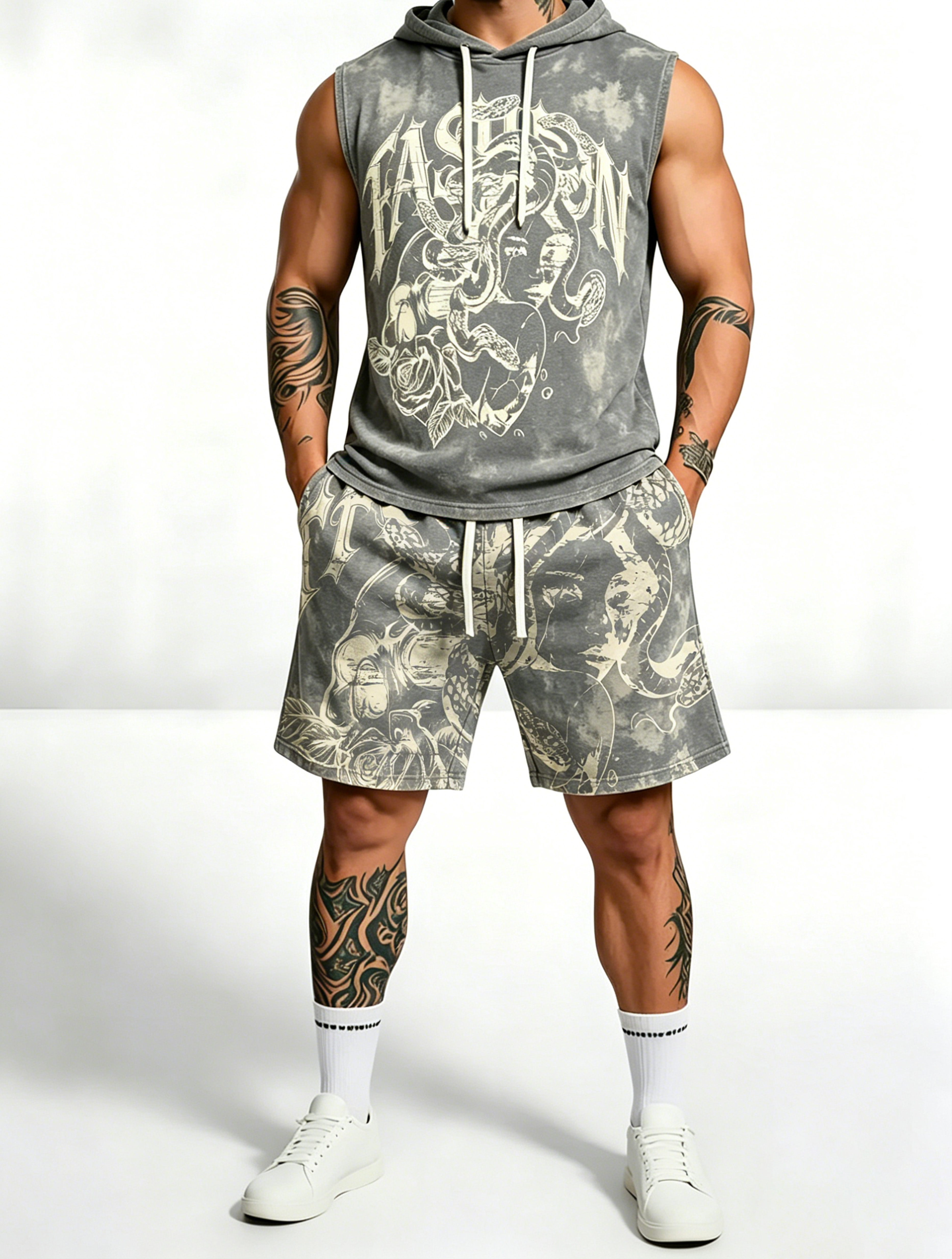 Sleeveless Hoodie & Shorts Set Luxury Brand Inspired Print Breathable Lightweight 2-Piece Outfit S-5XL