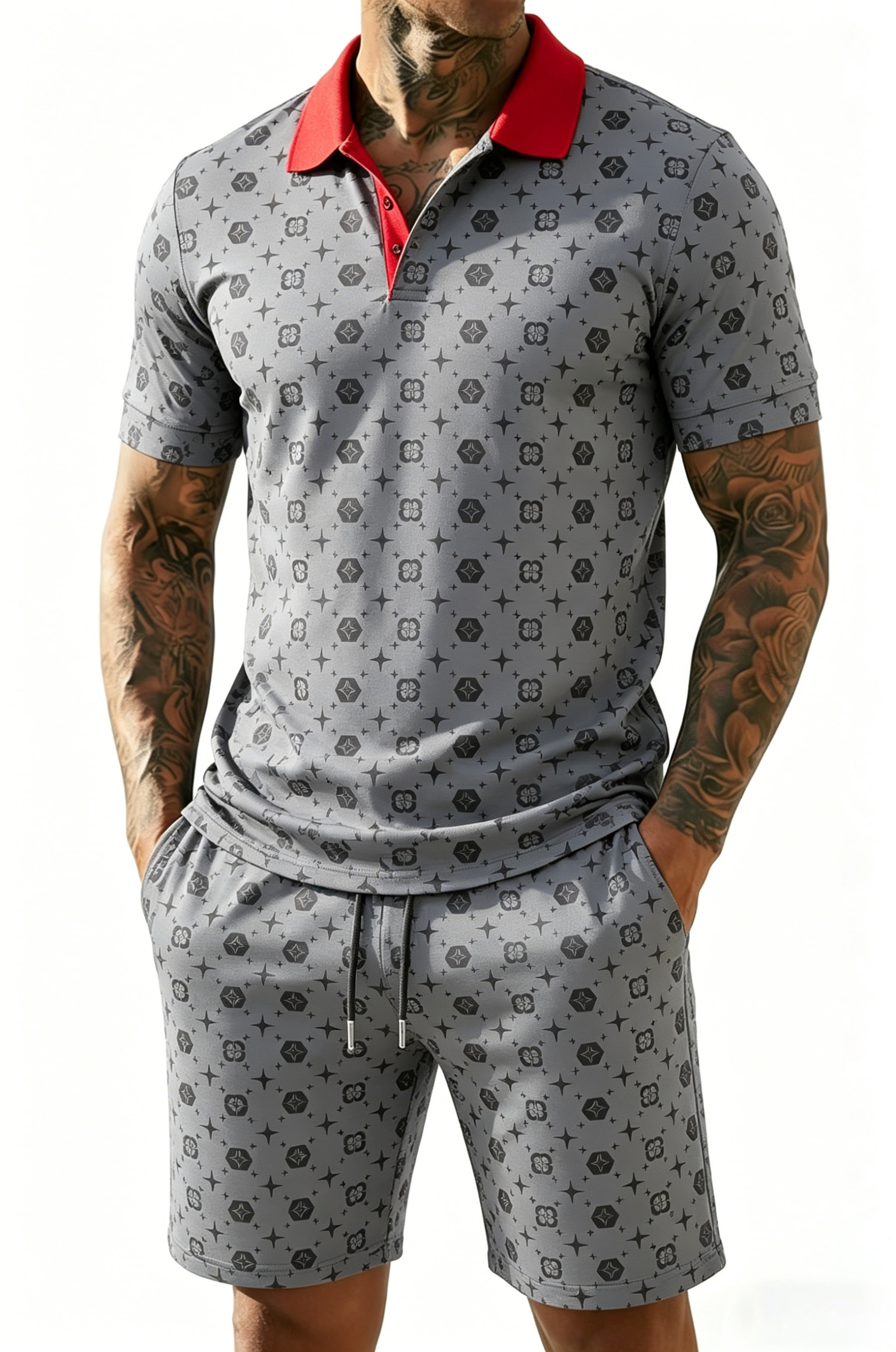 Zip-Up Lapel Polo Shirt & Shorts Set Luxury Brand Print Casual Tracksuit Plus Size S-5XL