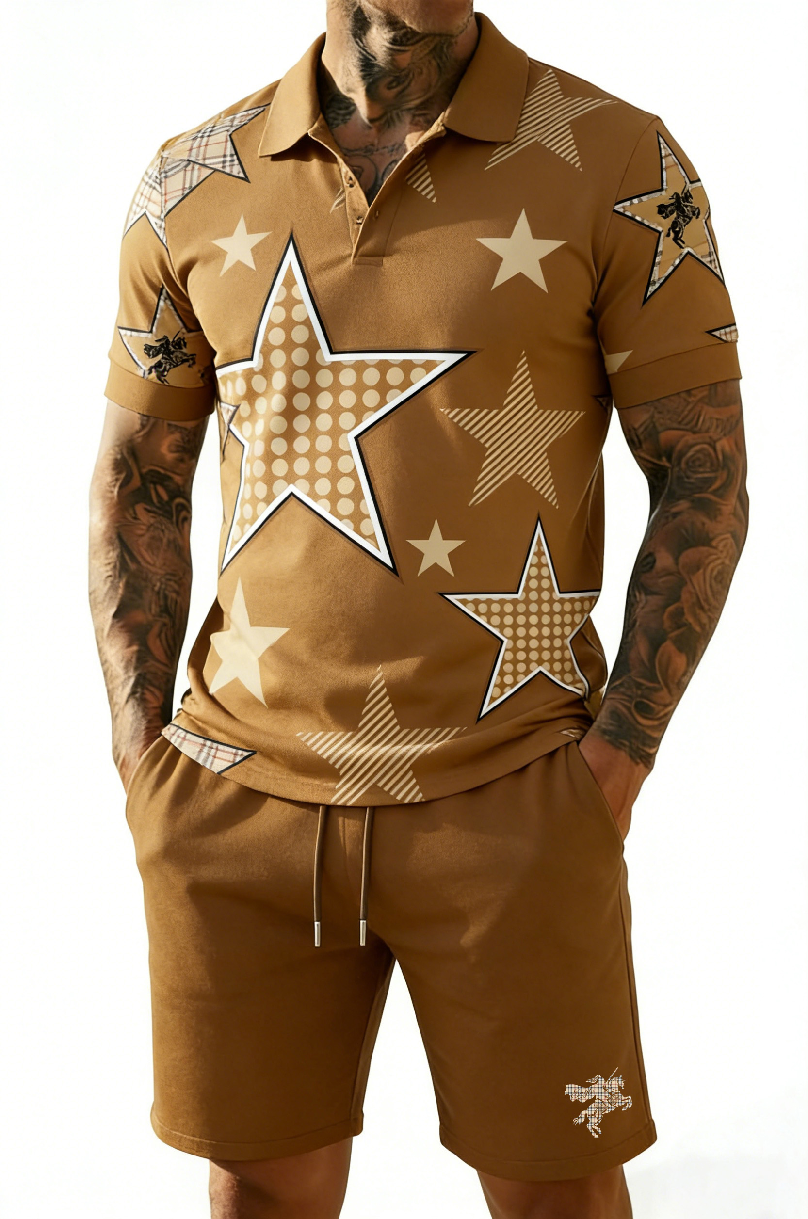 British Vintage Style Printed Polo Set – Cotton Short Sleeve Polo & Shorts Summer Outfit