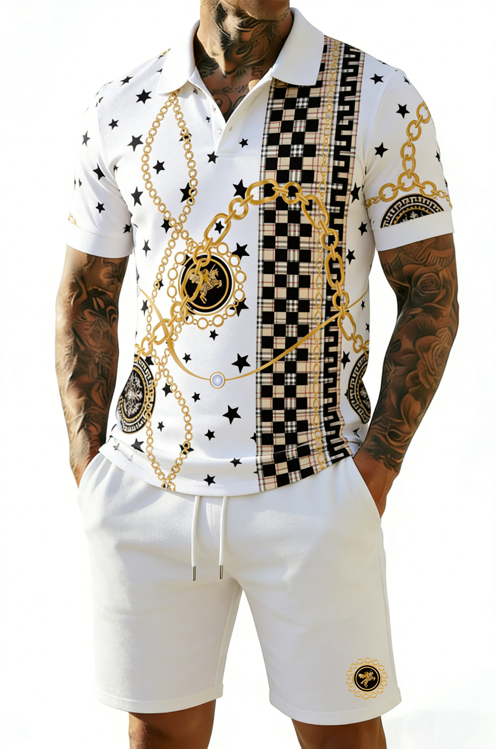 British Vintage Style Printed Polo Set – Cotton Short Sleeve Polo & Shorts Summer Outfit