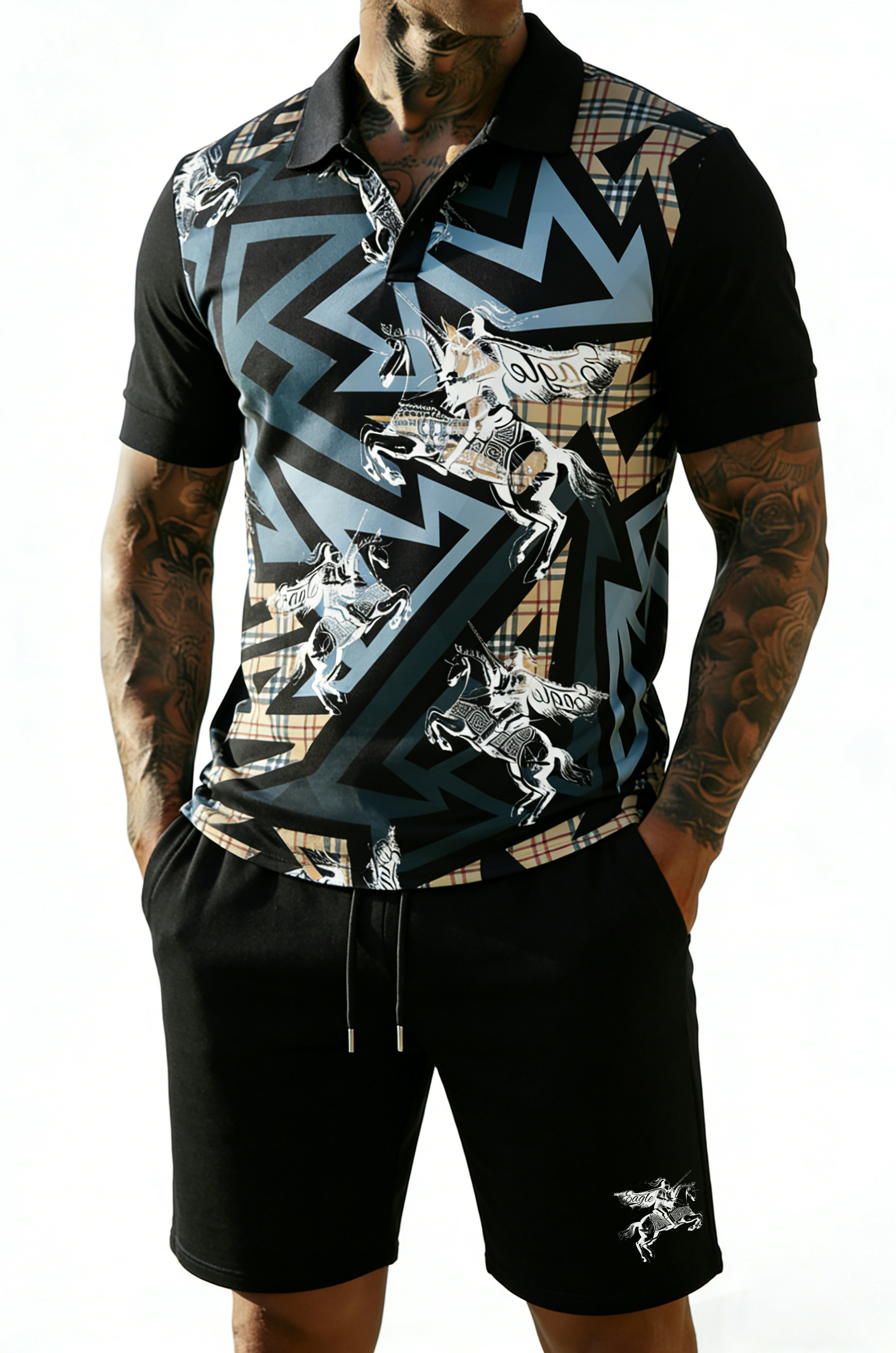 British Vintage Style Printed Polo Set – Cotton Short Sleeve Polo & Shorts Summer Outfit