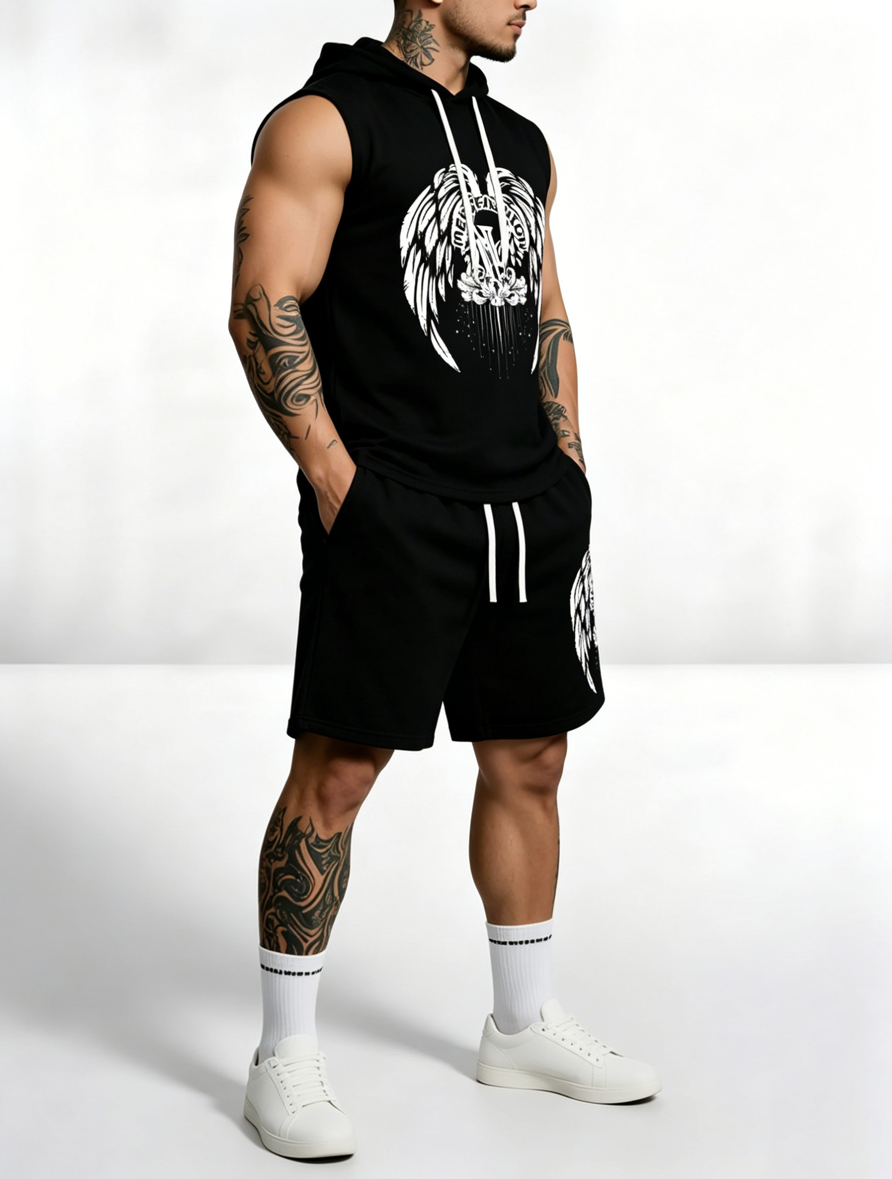 Sleeveless Hoodie & Shorts Set Luxury Brand Inspired Print Breathable Lightweight 2-Piece Outfit S-5XL