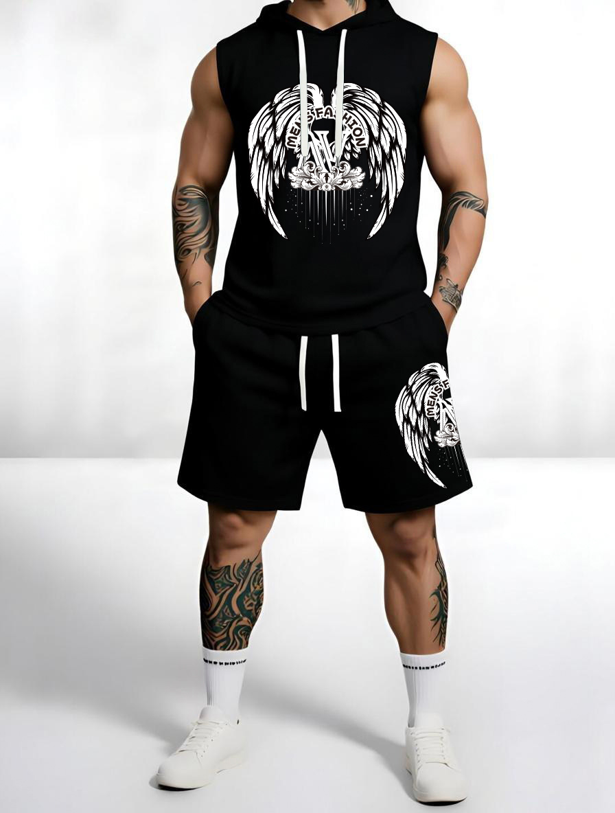 Sleeveless Hoodie & Shorts Set Luxury Brand Inspired Print Breathable Lightweight 2-Piece Outfit S-5XL