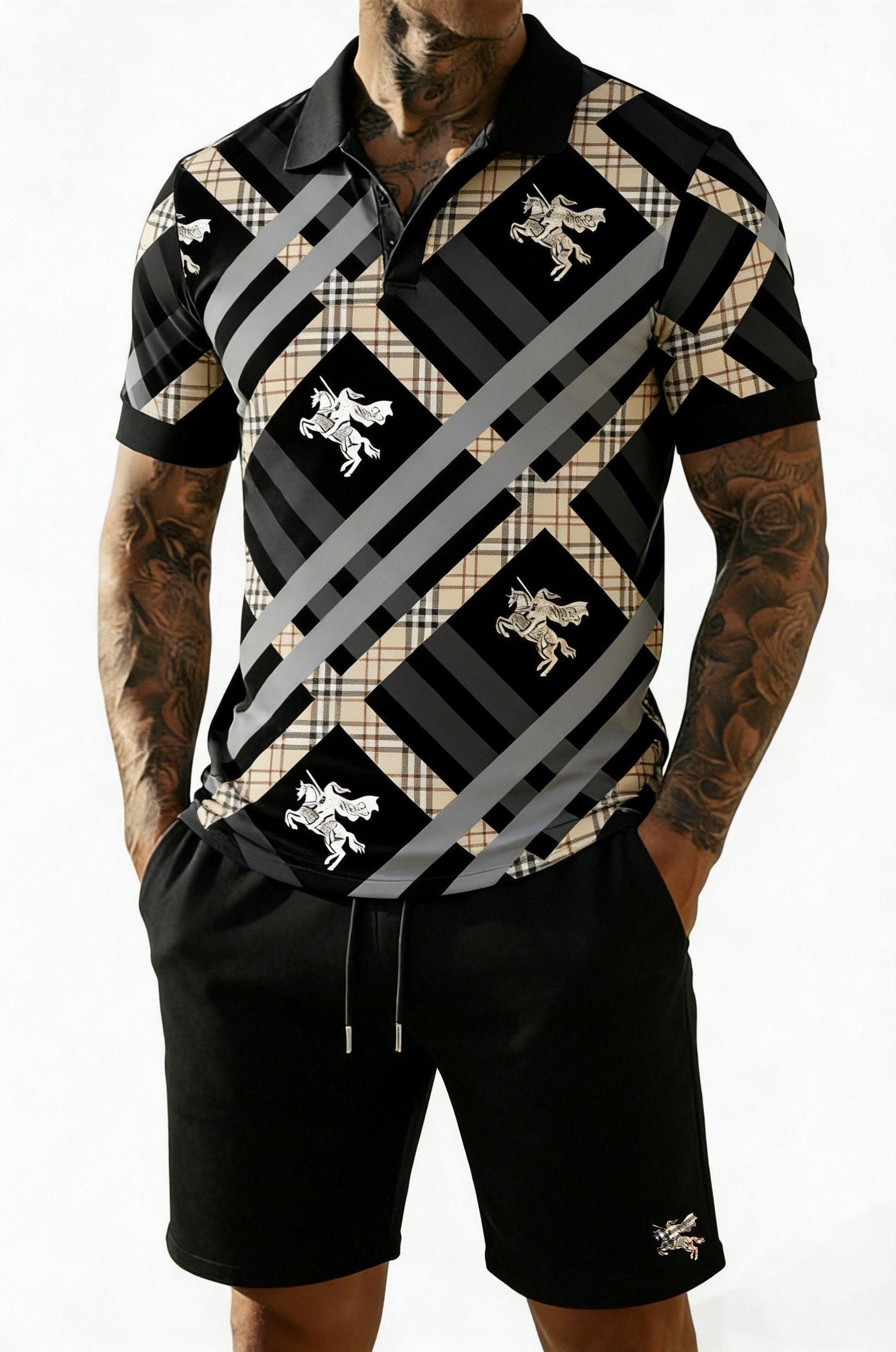 British Vintage Style Printed Polo Set – Cotton Short Sleeve Polo & Shorts Summer Outfit