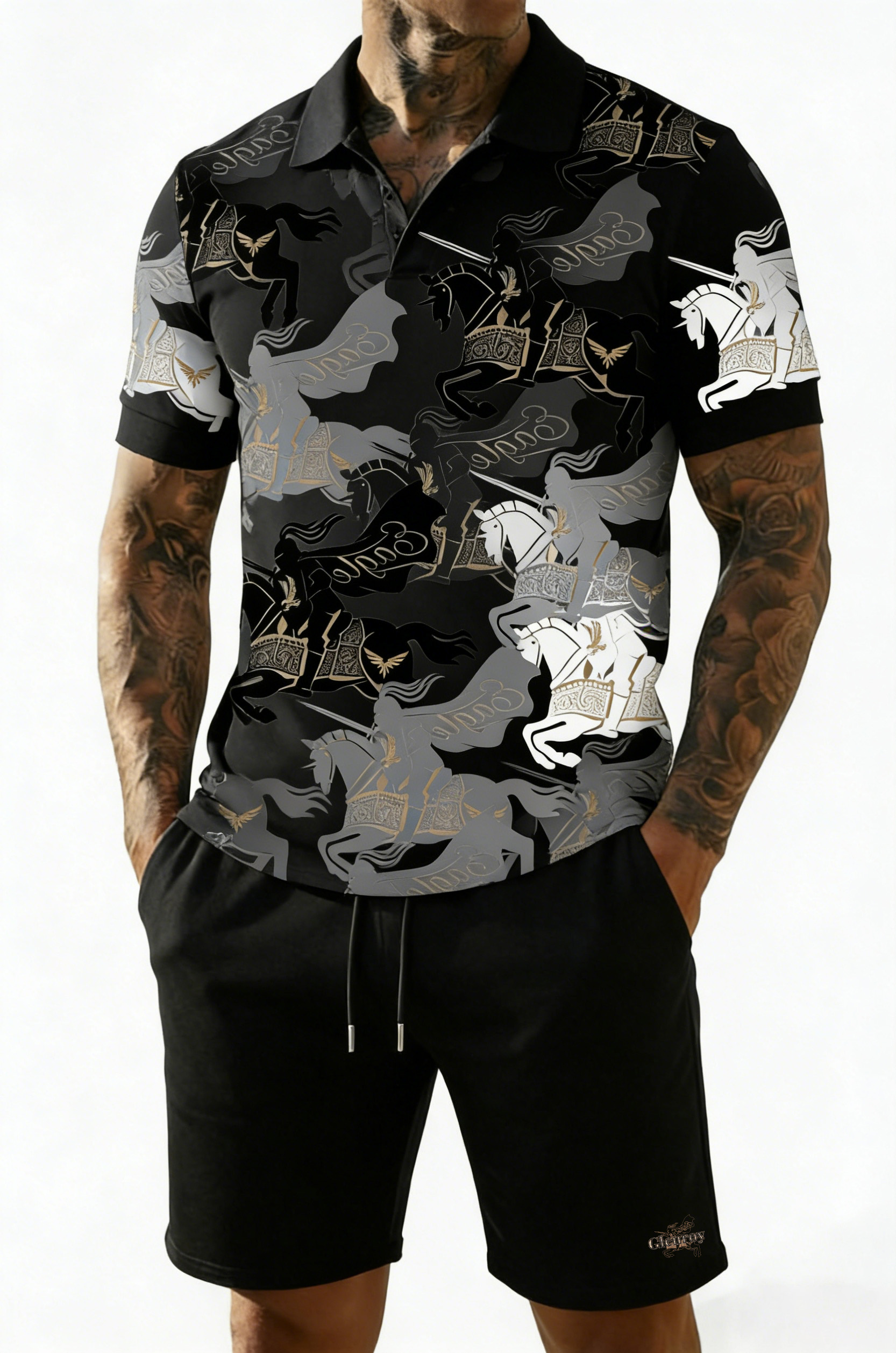 British Vintage Style Printed Polo Set – Cotton Short Sleeve Polo & Shorts Summer Outfit