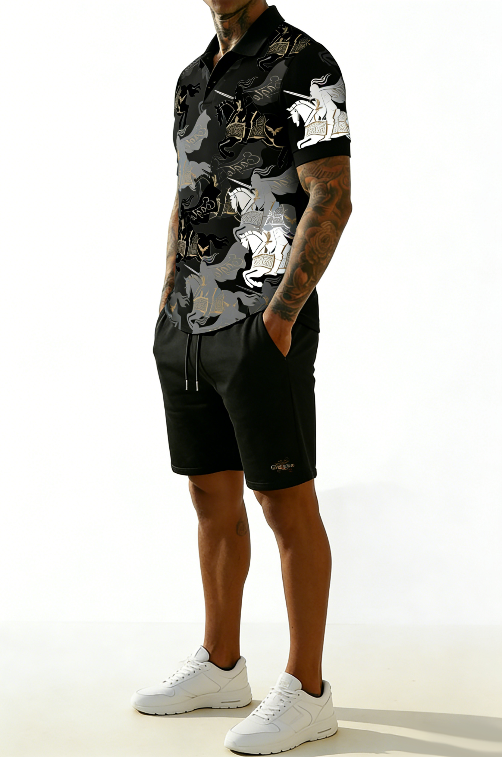 British Vintage Style Printed Polo Set – Cotton Short Sleeve Polo & Shorts Summer Outfit