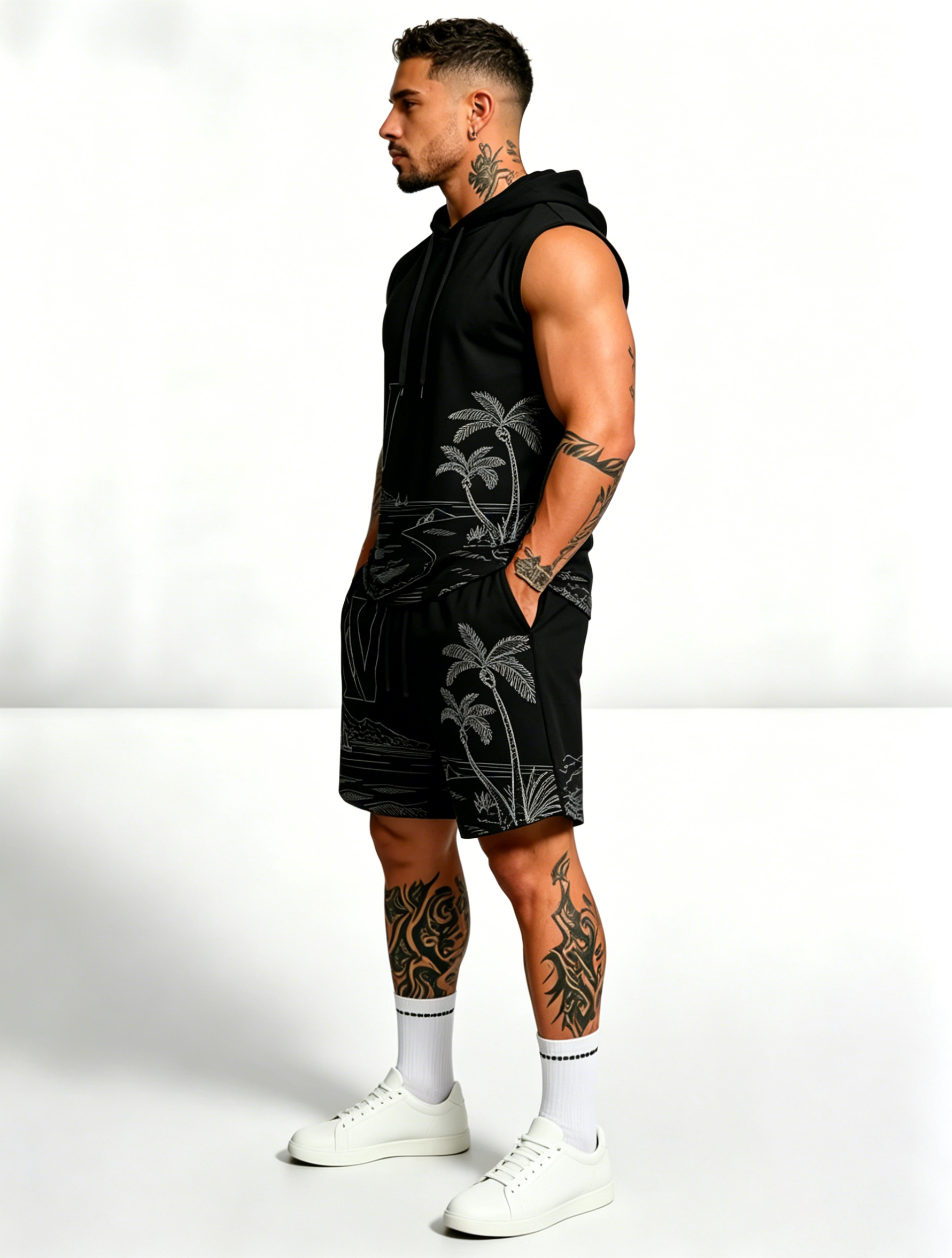 Sleeveless Hoodie & Shorts Set Luxury Brand Inspired Print Breathable Lightweight 2-Piece Outfit S-5XL