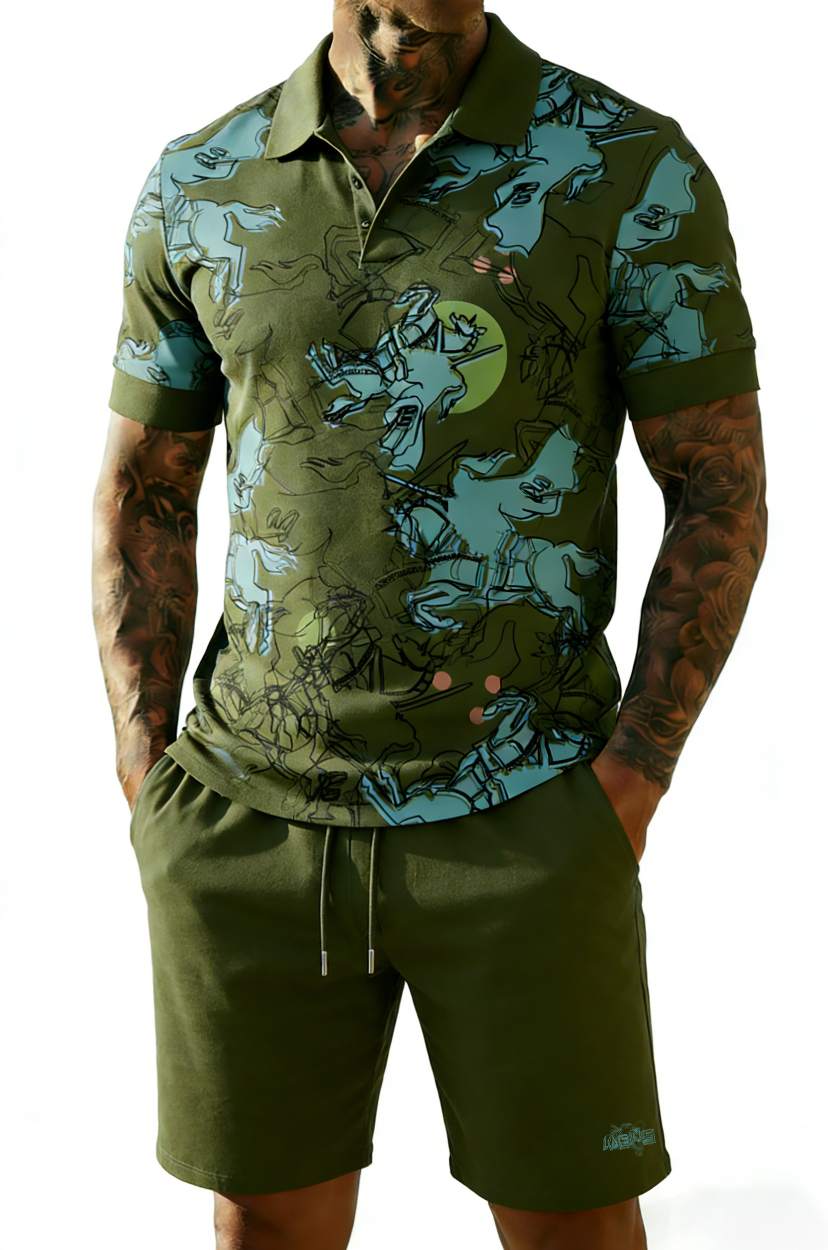 British Vintage Style Printed Polo Set – Cotton Short Sleeve Polo & Shorts Summer Outfit