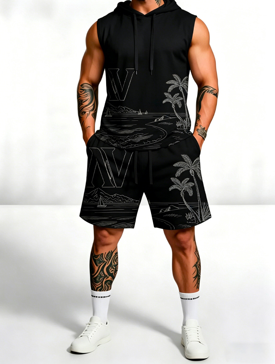 Sleeveless Hoodie & Shorts Set Luxury Brand Inspired Print Breathable Lightweight 2-Piece Outfit S-5XL
